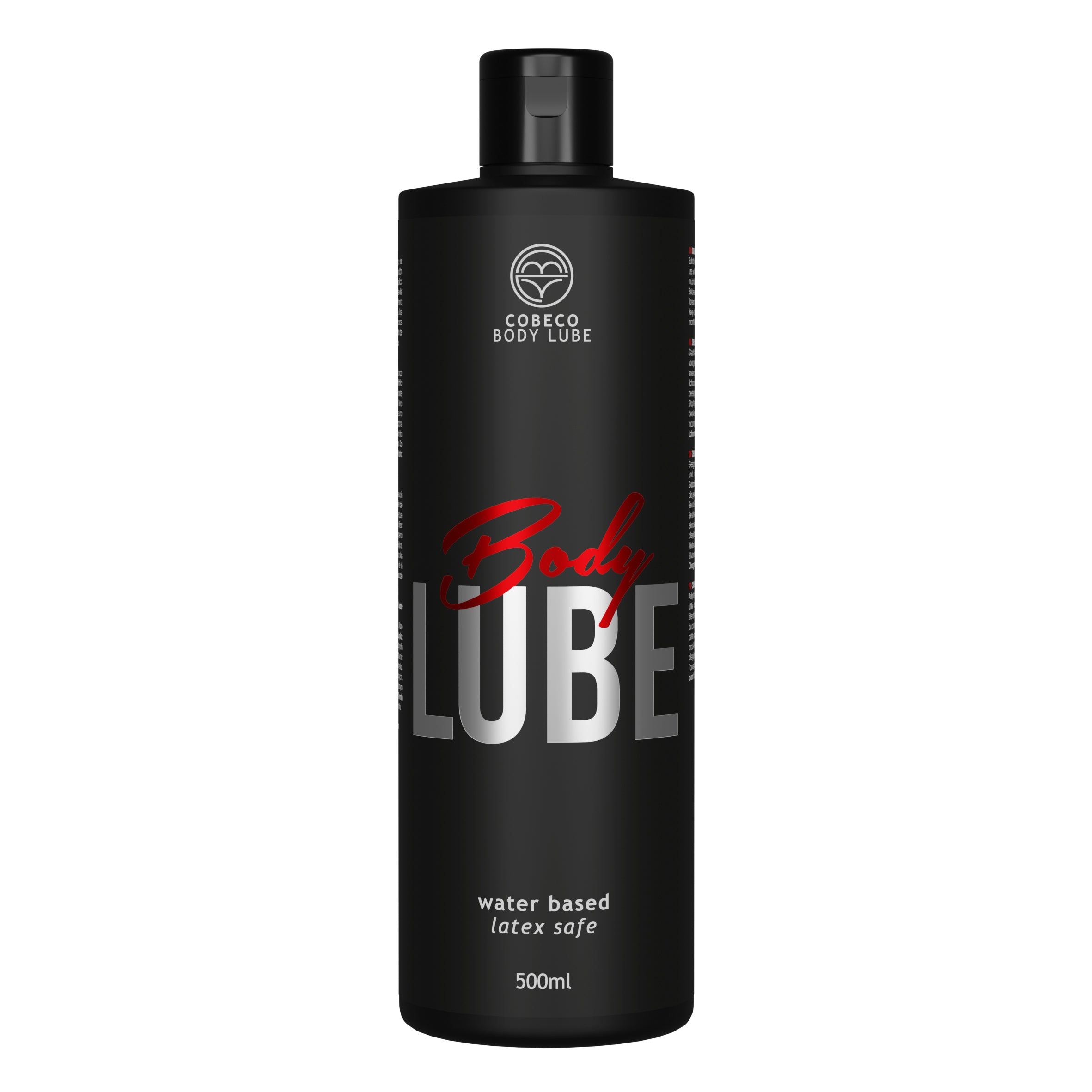 Flacone nero con tappo nero. Scritta "Body Lube" in rosso e bianco. "Water based latex safe" e "500ml".