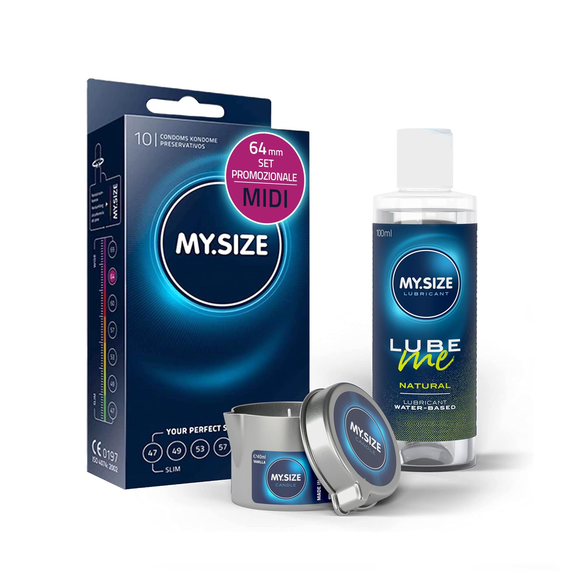 MY.SIZE PRO Preservativi + LUBE ME Natural + Body Candle Set