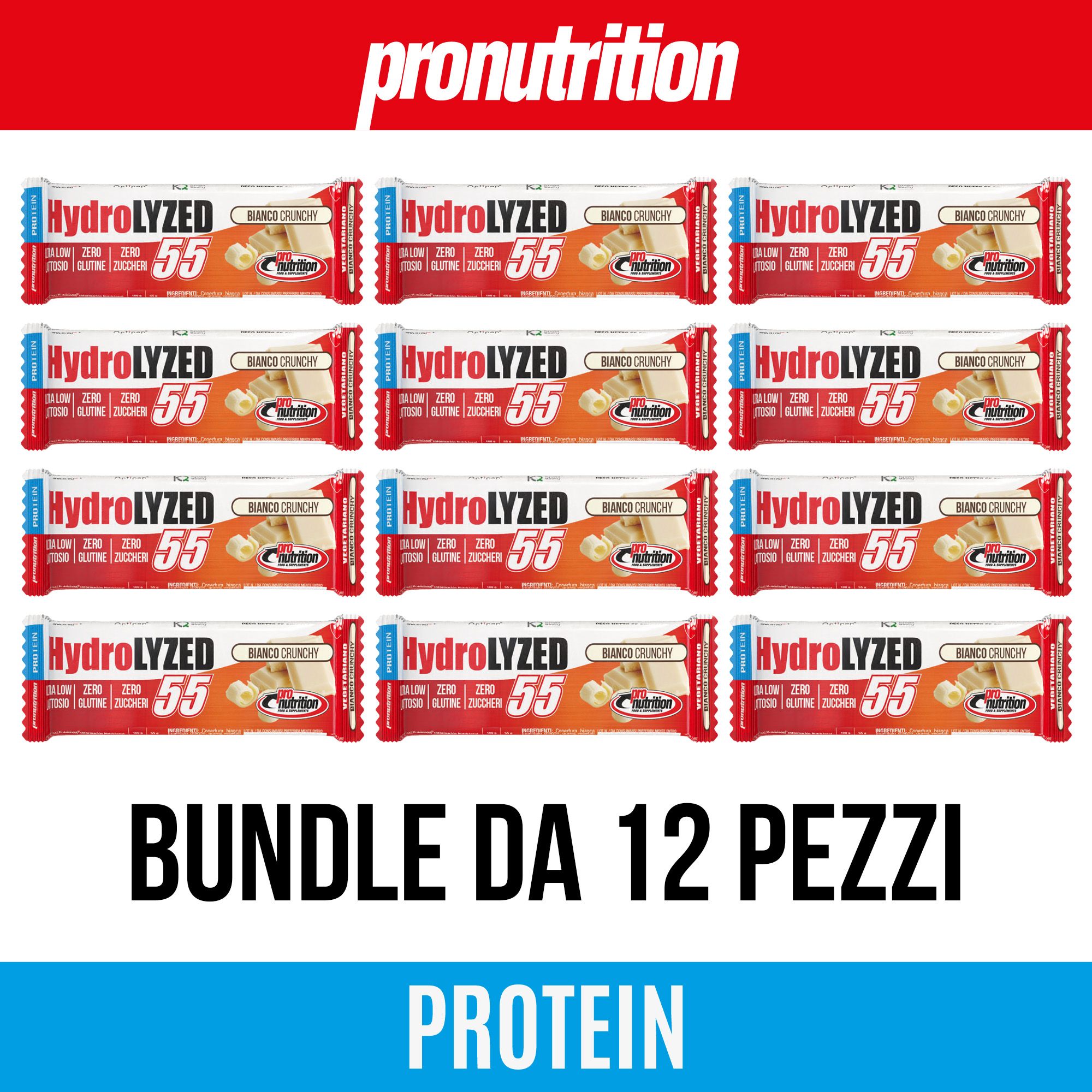12 barrette proteiche confezionate. Scritta: Hydrolyzed, Bianco Crunchy, Zero zuccheri. Marca: Pronutrition. Bundle da 12 pezzi.
