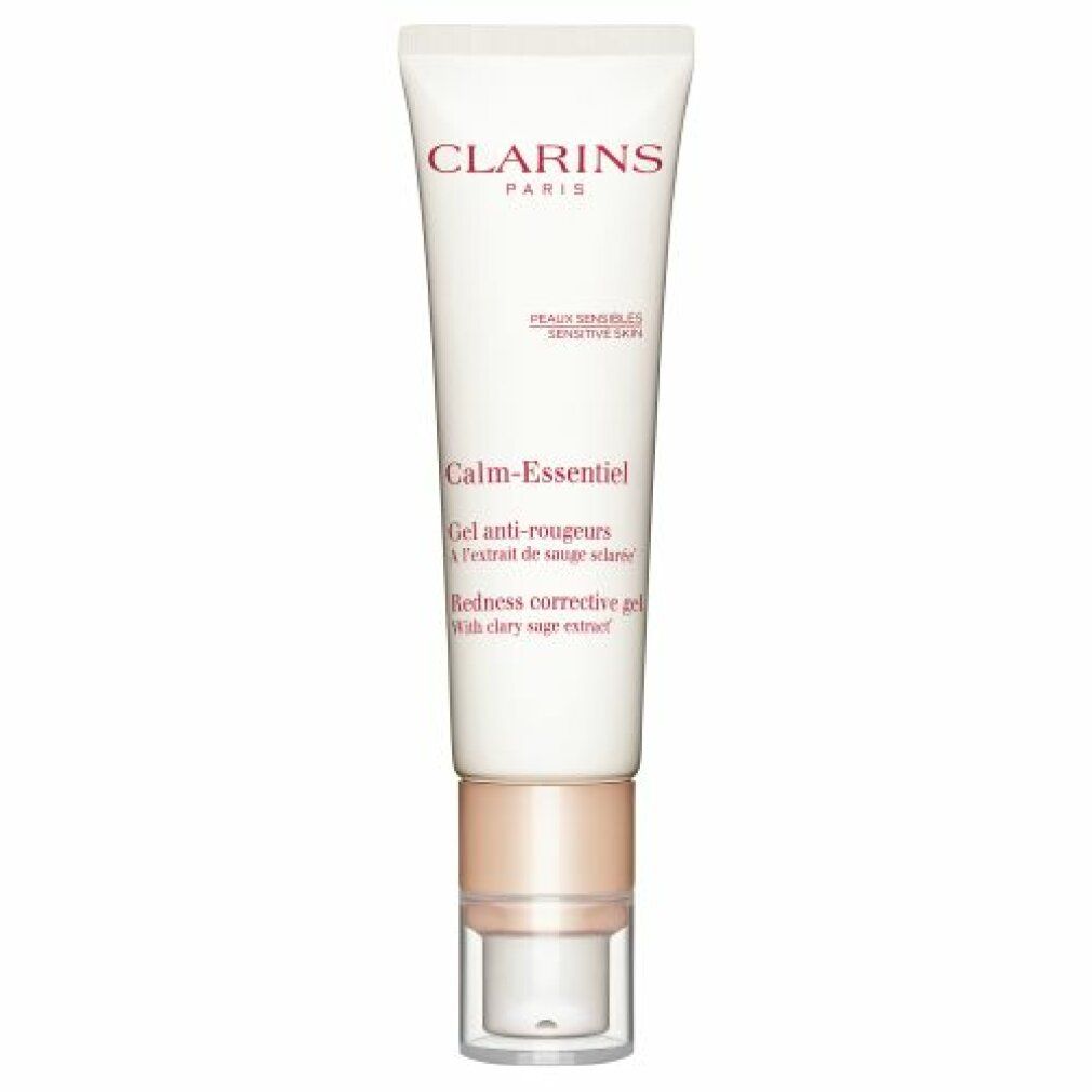 Tubo CLARINS Calm-Essentiel Gel anti-rougeurs. Bianco, dettagli rosa. Testo: Calm-Essentiel, Gel anti-rougeurs, Extrait de sauge sclarée.