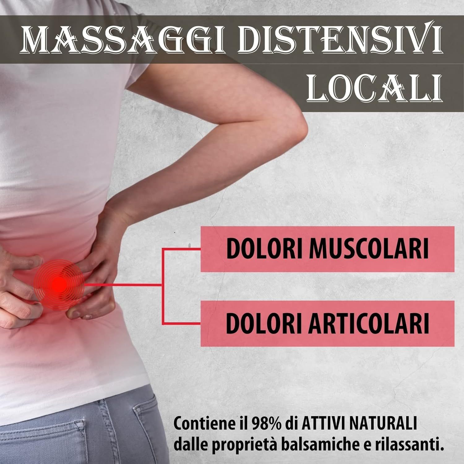 Persona tocca la schiena. Testo: dolori muscolari, articolari. Contiene il 98% di ingredienti naturali.