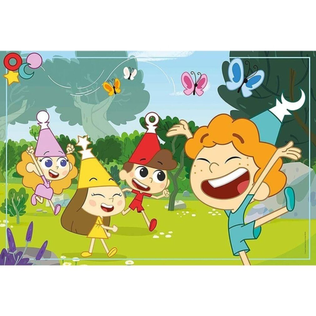 Puzzle Trulli Tales. 24 pezzi. Bambini con cappelli giocano all'aperto. Farfalle volano. Marchio Clementoni.