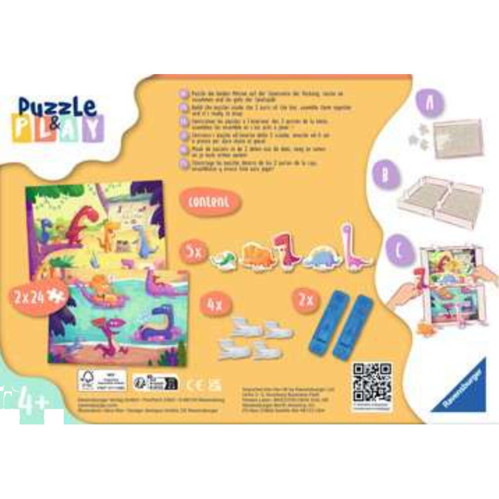 Retro della scatola Puzzle&Play con motivo dinosauri. 2x24 pezzi. Illustrazione e istruzioni. Logo Ravensburger.