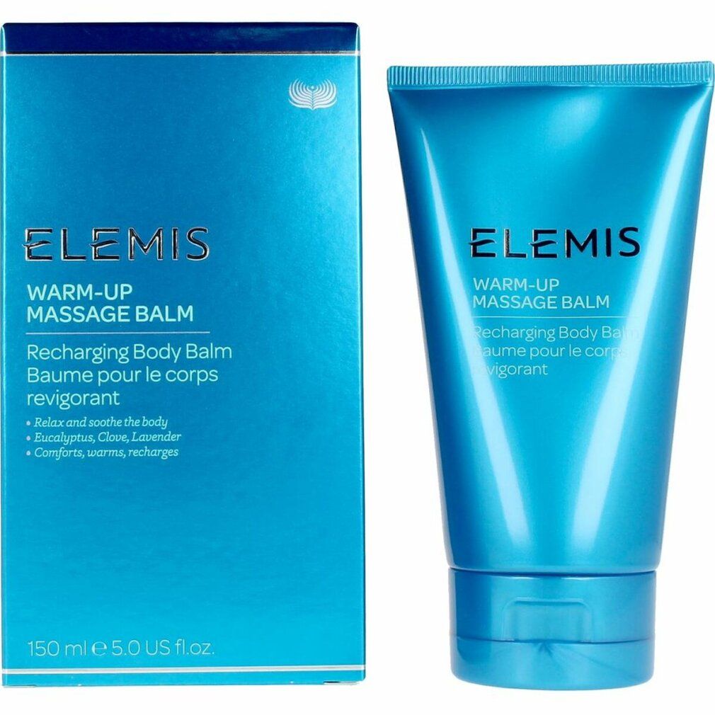 Prodotto blu con confezione. Scritta: Elemis, Warm-Up Massage Balm. Scatola con testo e logo. Tubo con tappo a vite.