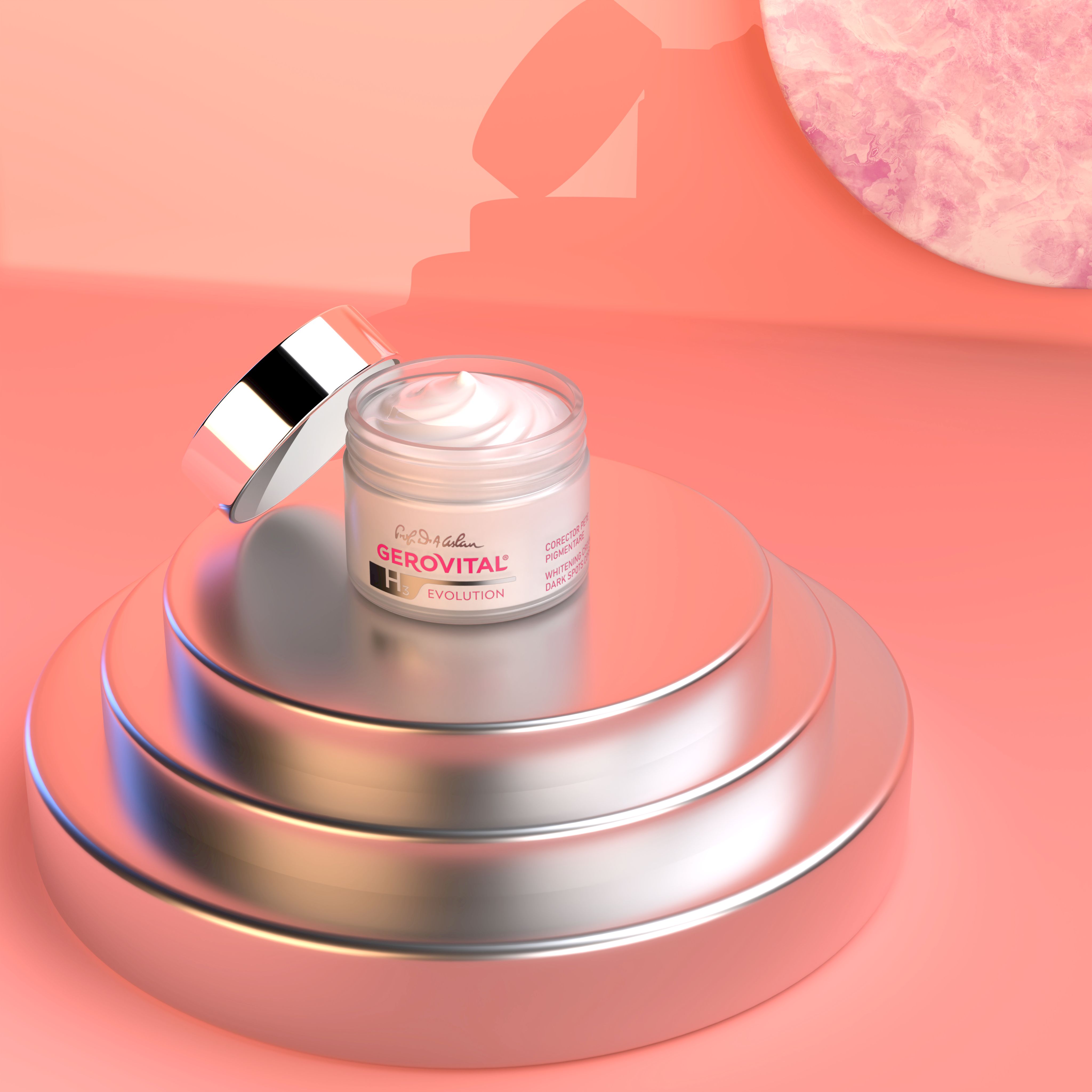 Vasetto di crema su piedistallo. Scritta: Gerovital H3 Evolution, Corrector Pete Pigmentare, Whitening Cream, Dark Spots Corrector.