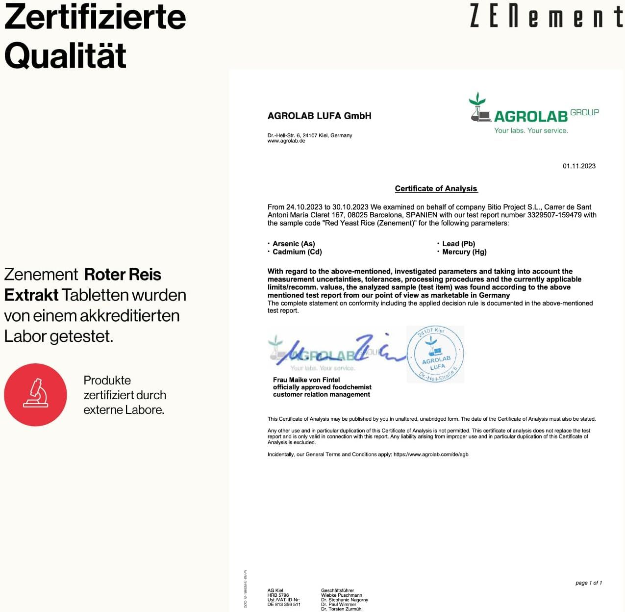 Documento di certificazione Agrolab. Testo: Zenement Roter Reis Extrakt Tabletten testato da un laboratorio accreditato.