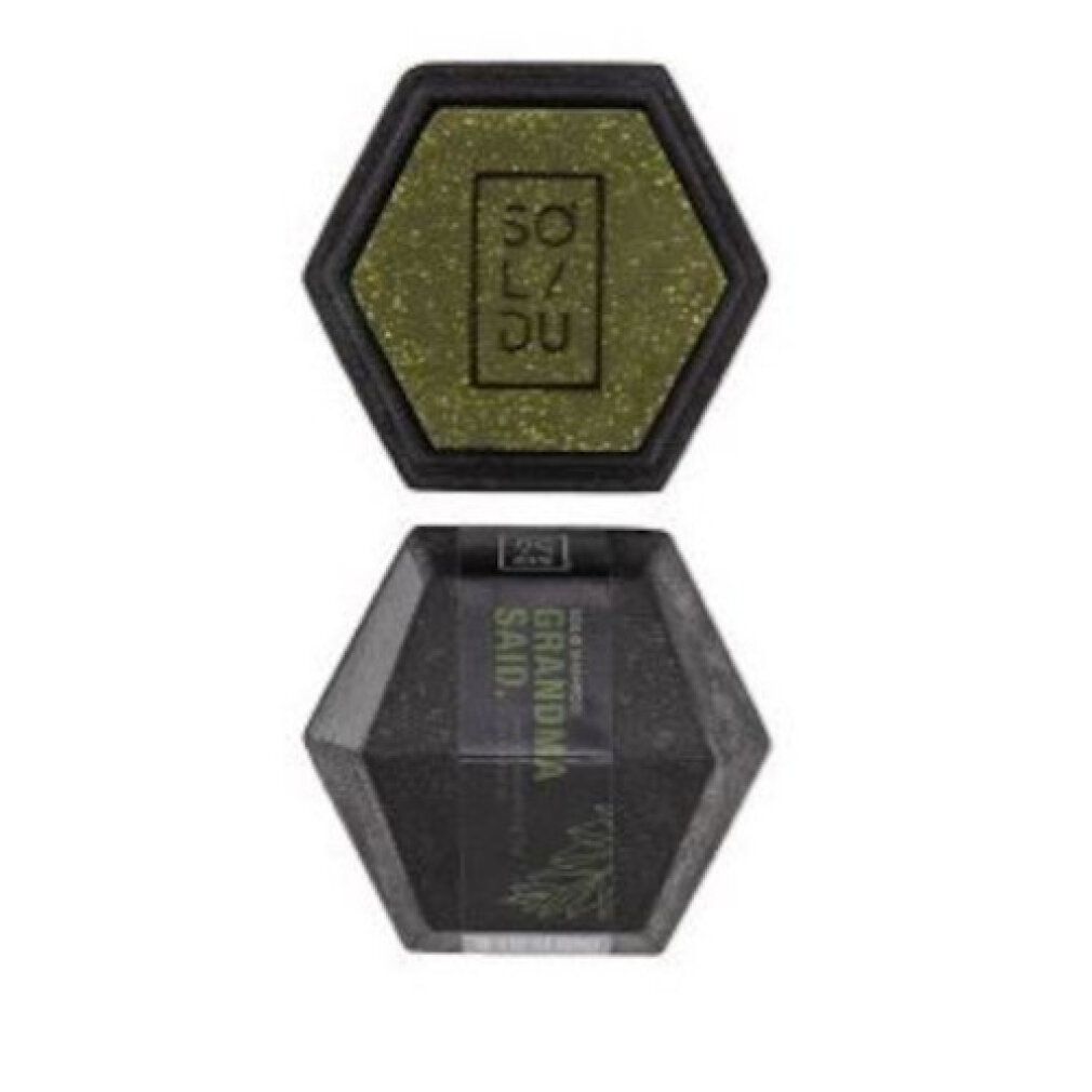 Due contenitori esagonali. Quello superiore contiene una barra verde con logo SOLIDU. Il basso ha una scritta.