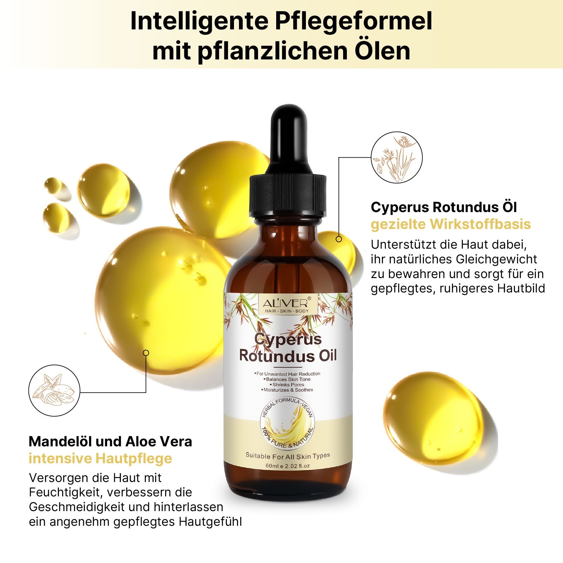 Aliver Olio di Cyperus Rotundus per la cura della pelle, riduzione della crescita dei peli