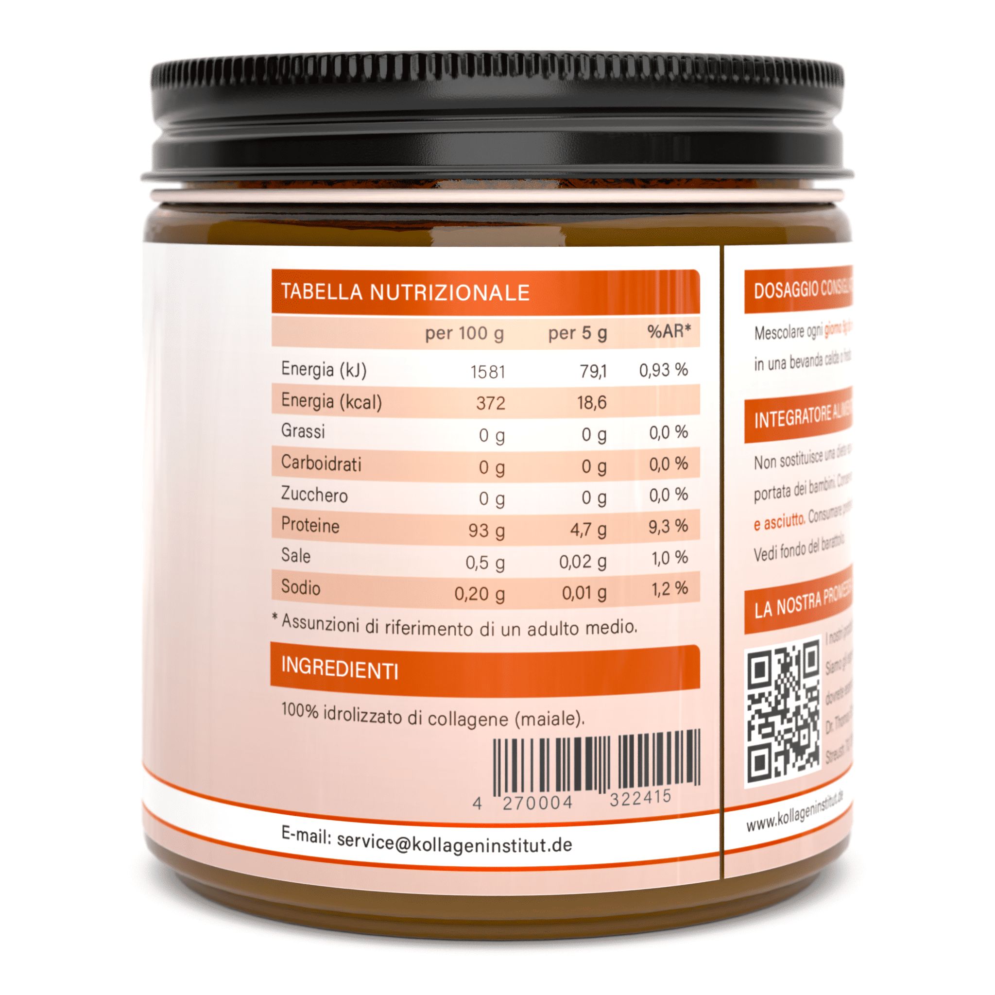 Retro di un barattolo. Tabella nutrizionale, ingredienti: 100% idrolizzato di collagene (maiale). Contatti e indirizzo email.