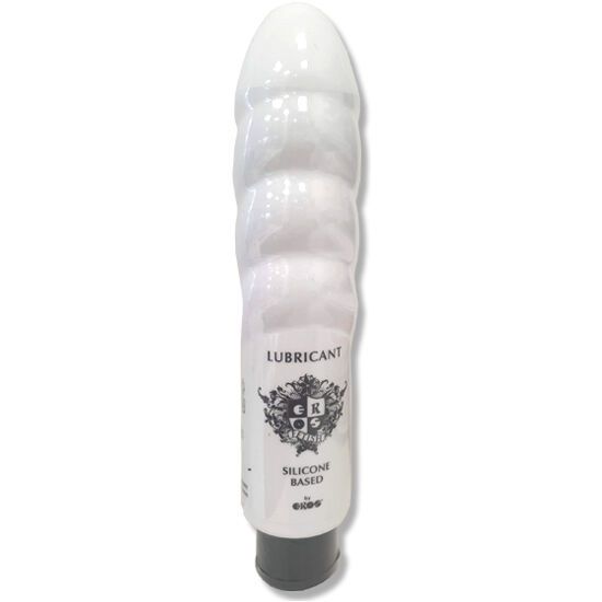 Flacone bianco con design a dildo a coste, contenente lubrificante a base di silicone.