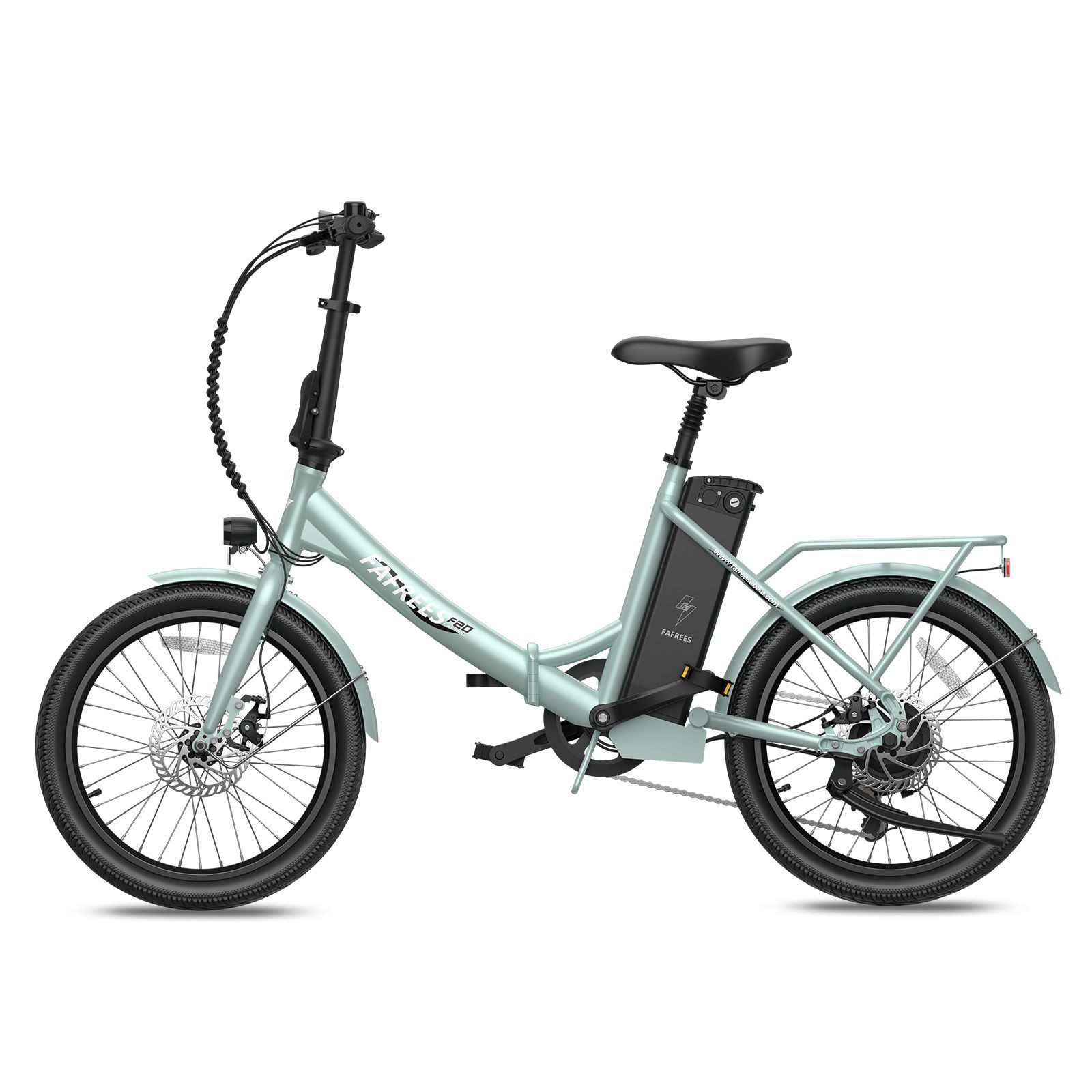 E-bike Fafrees F20 verde chiaro. Pneumatici, sella e manubrio neri. Batteria sul telaio. Portapacchi posteriore.