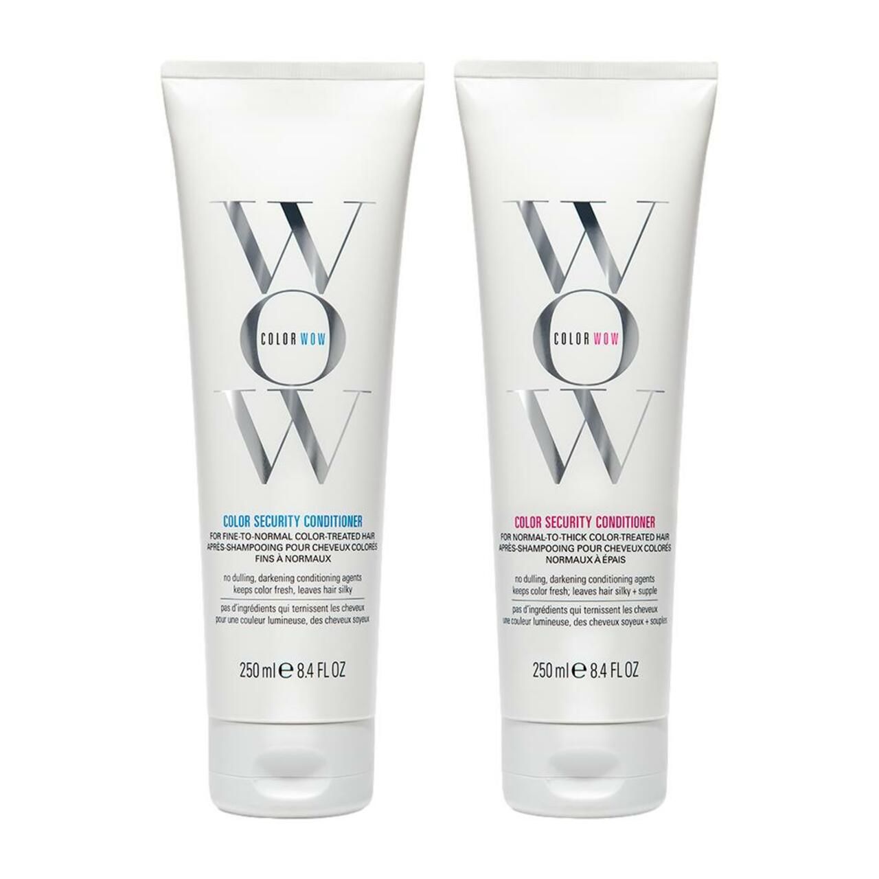 Due tubi bianchi con testo. "WOW" e "Color Security Conditioner". 250ml. Accenti rosa e blu.