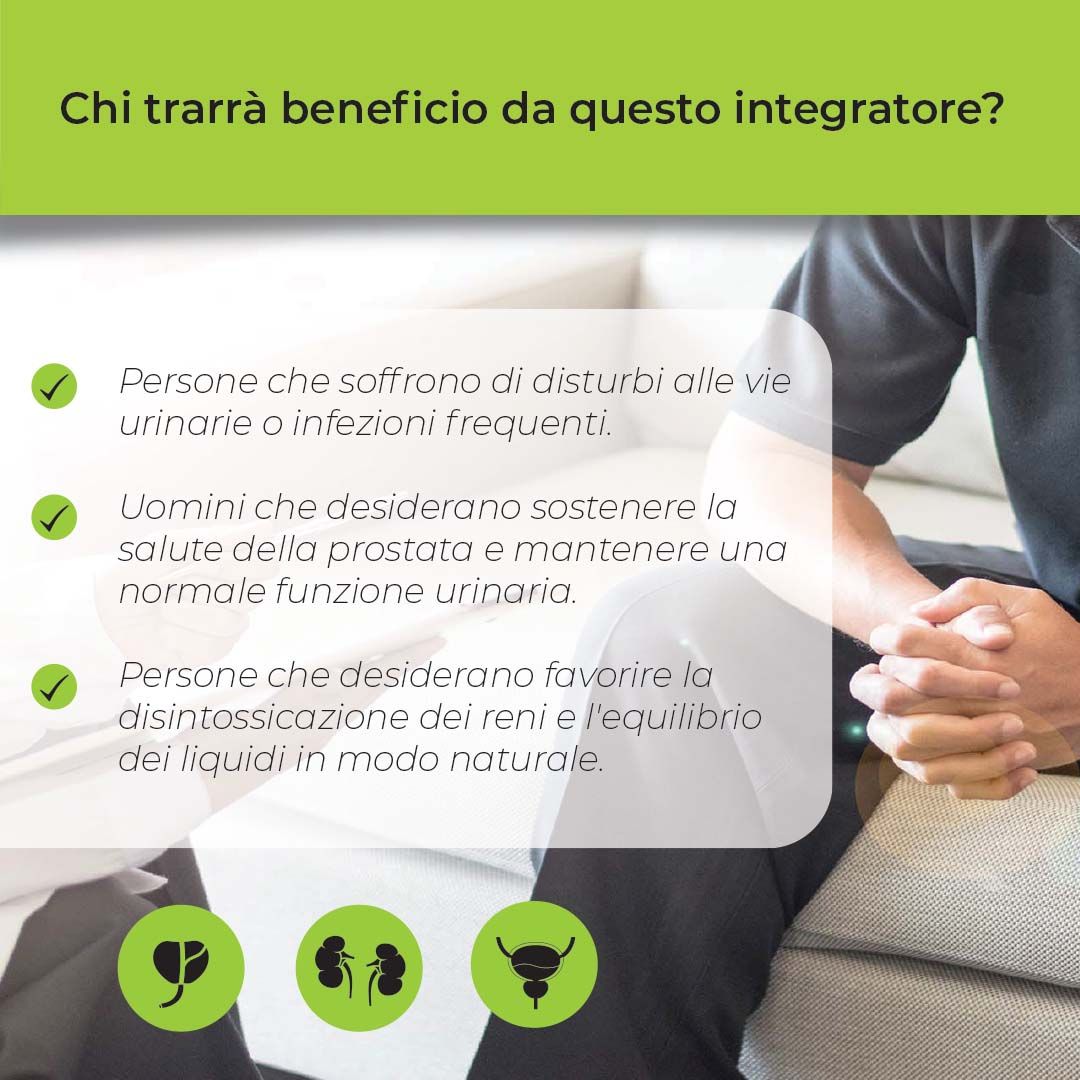 Persone che beneficiano di questo integratore: disturbi urinari, uomini che supportano la prostata, disintossicazione renale.