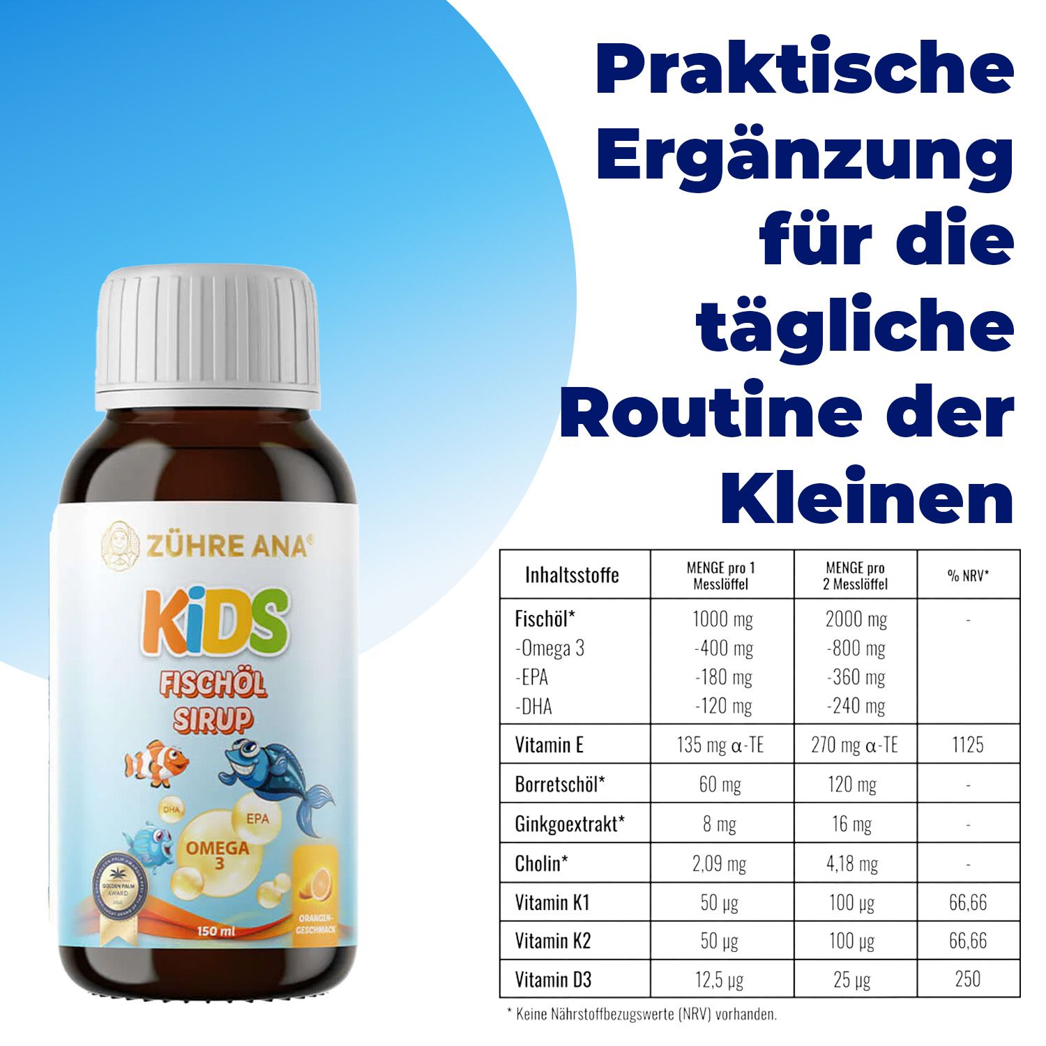 Flacone in vetro marrone con tappo a vite bianco, etichetta "Zühre Ana Kids Fischöl Sirup" e illustrazioni per bambini.