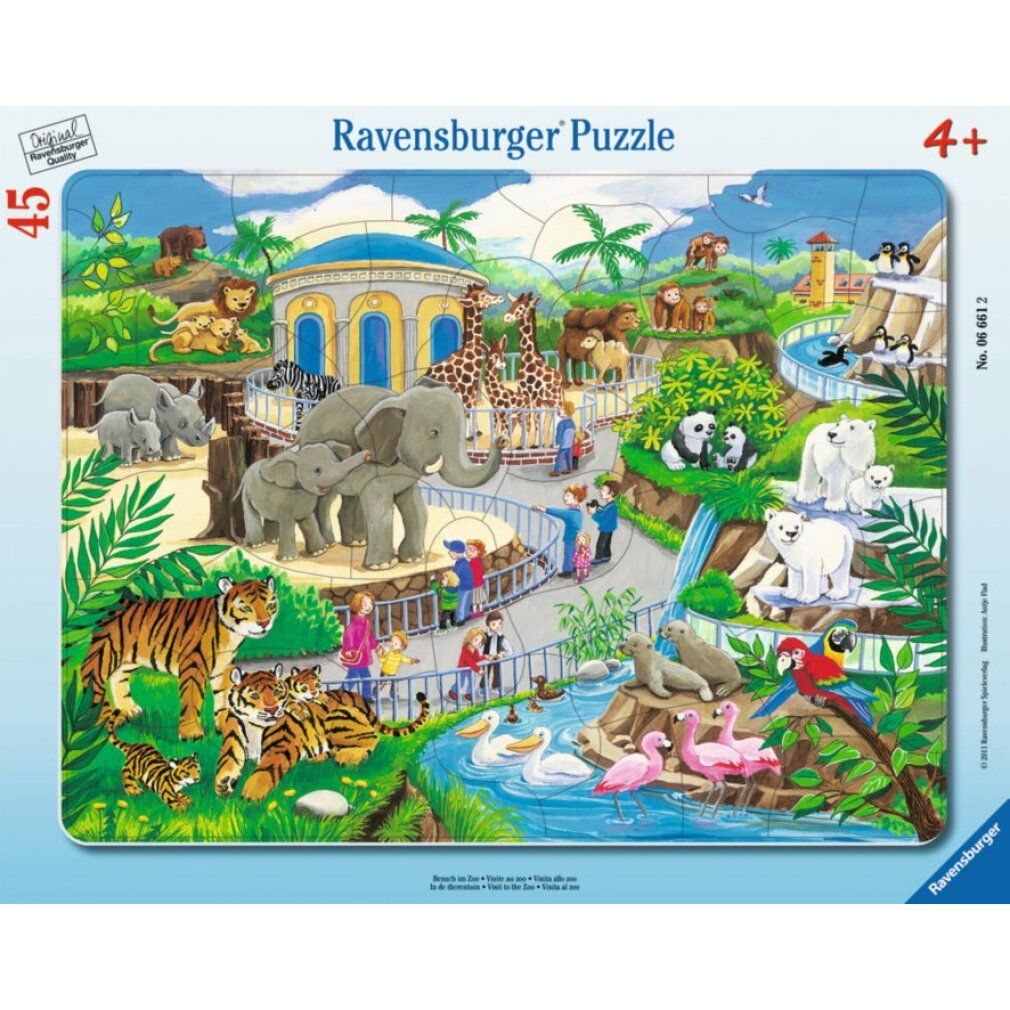 Puzzle da 45 pezzi. Tema: Zoo con animali. Marca: Ravensburger. Consigliato dai 4 anni in su. Forma rettangolare.