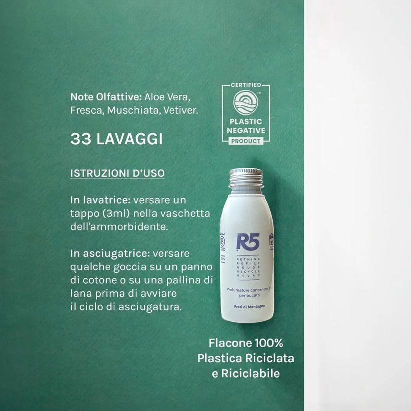 R5 Profumatore Bucato Concentrato 1 Pezzo, 33 Lavaggi, Profumo Prati di Montagna