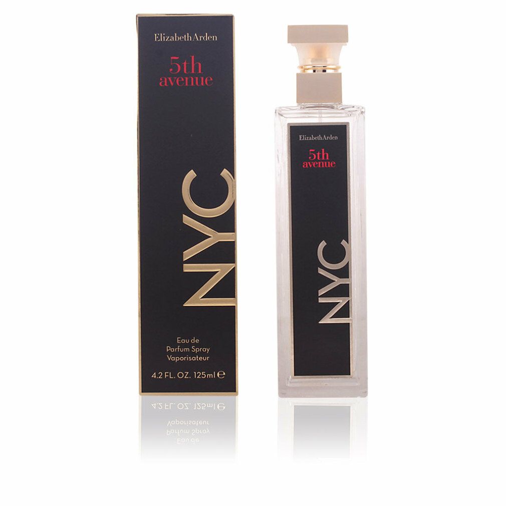 Flacone e scatola Elizabeth Arden 5th Avenue NYC. Scatola nera con scritta dorata. Flacone con tappo dorato.