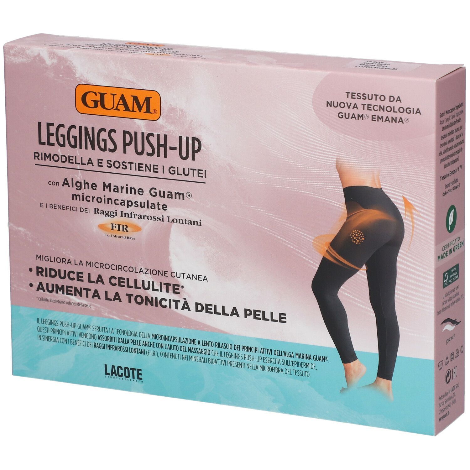 Confezione GUAM® Leggings Push-Up. Illustrazione di leggings neri. Testo: 'Rimodella e sostiene i glutei'.