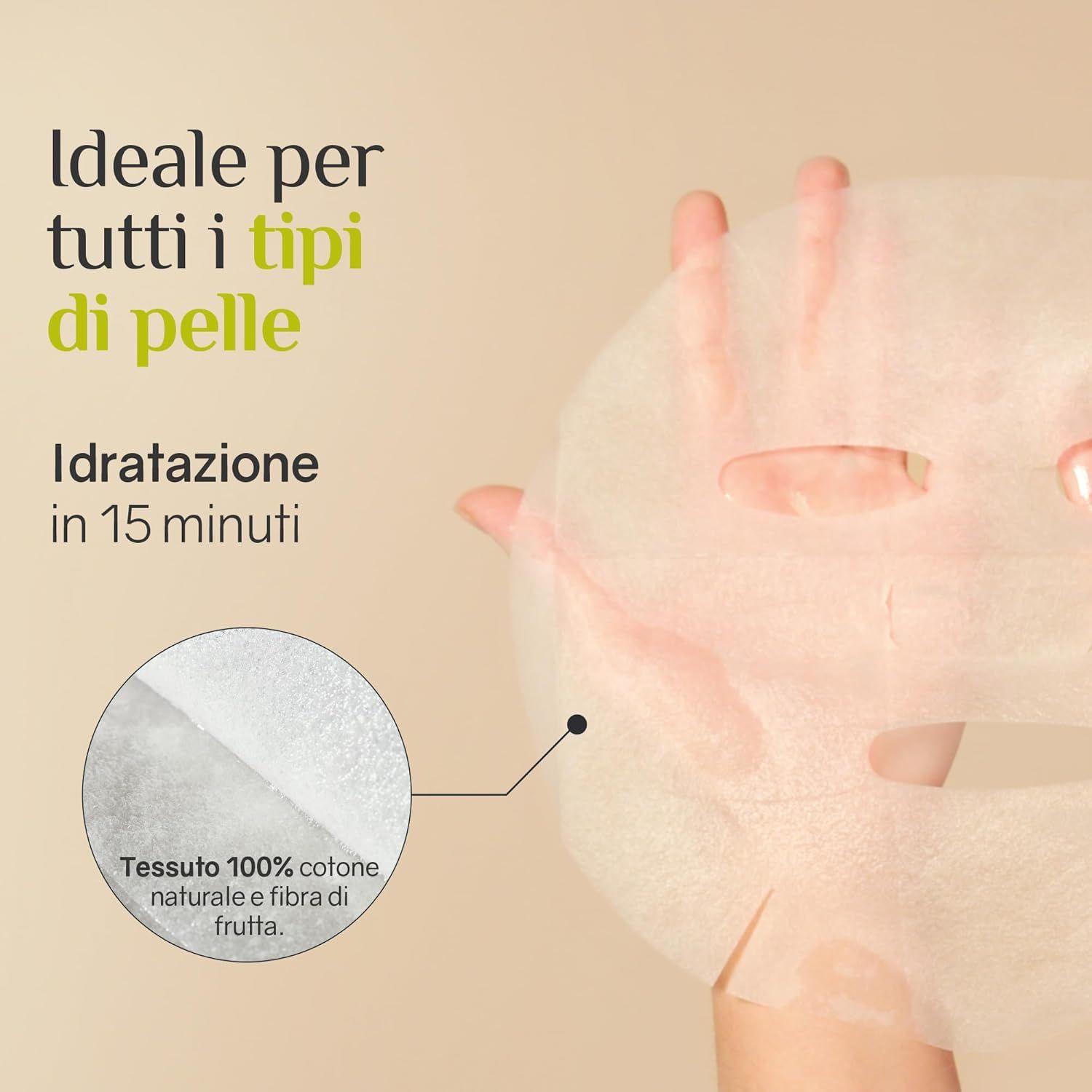 Mano che tiene una maschera per il viso. Testo: Ideale per tutti i tipi di pelle. Tessuto 100% naturale. Sfondo beige.