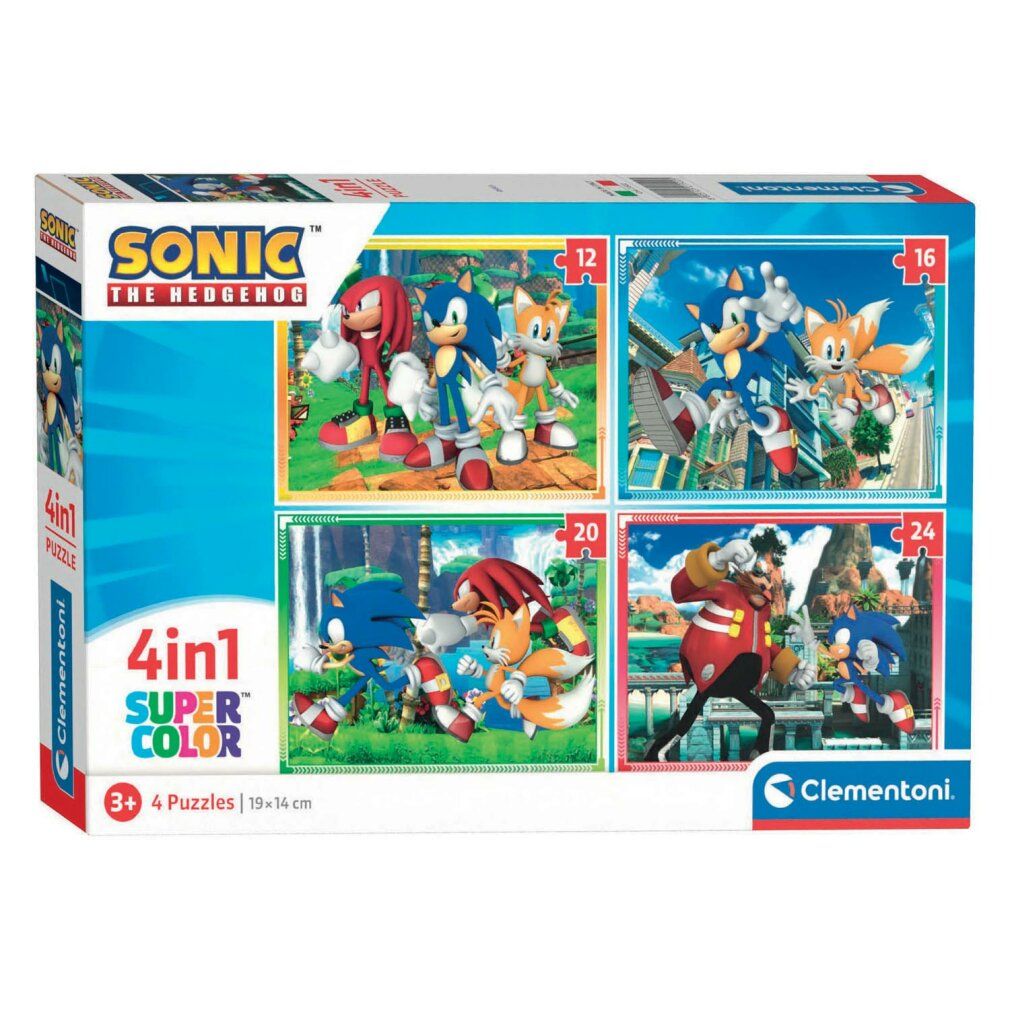 Clementoni Puzzles Sonic, 4in1. Confezione con quattro puzzle. Scritte: Sonic, 4in1, Super Color, 3+. Puzzle da 12, 16, 20 e 24 pezzi.
