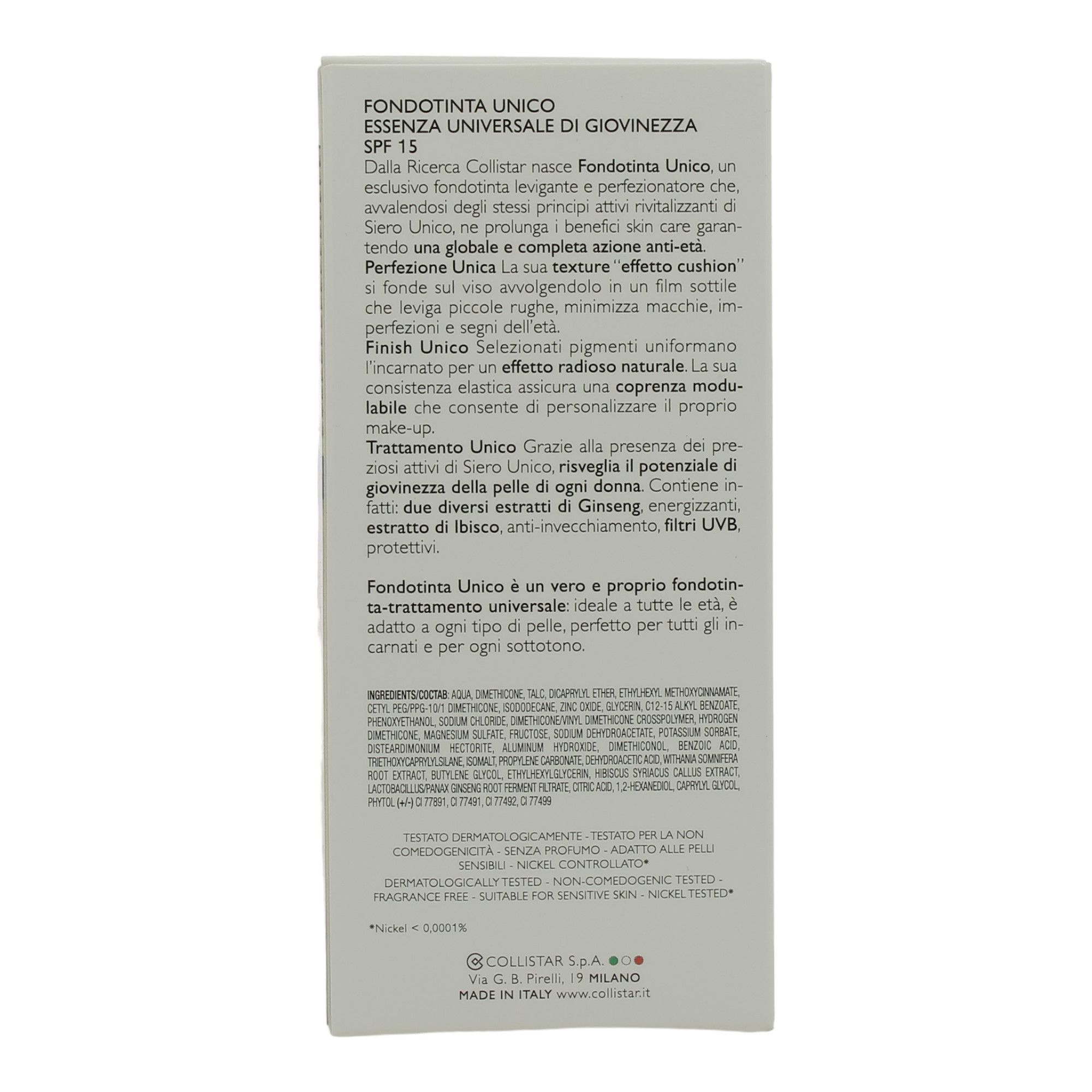 Confezione di Fondotinta Collistar Unico. Testo con informazioni sul prodotto e ingredienti. Marchio e nome del prodotto visibili.