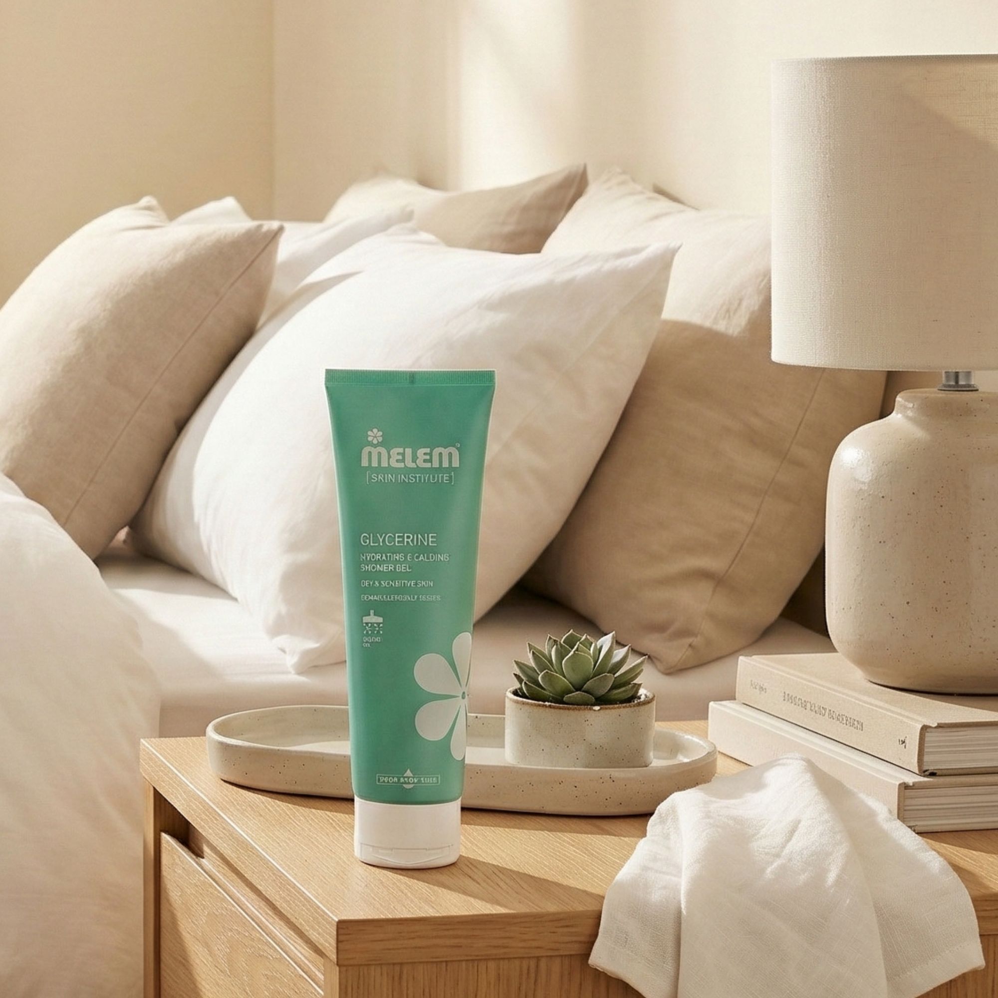 Tubo turchese con tappo bianco. Scritta: Melem, Glycerine, Hydrating & Calming Shower Gel. Posizionato su un comodino.