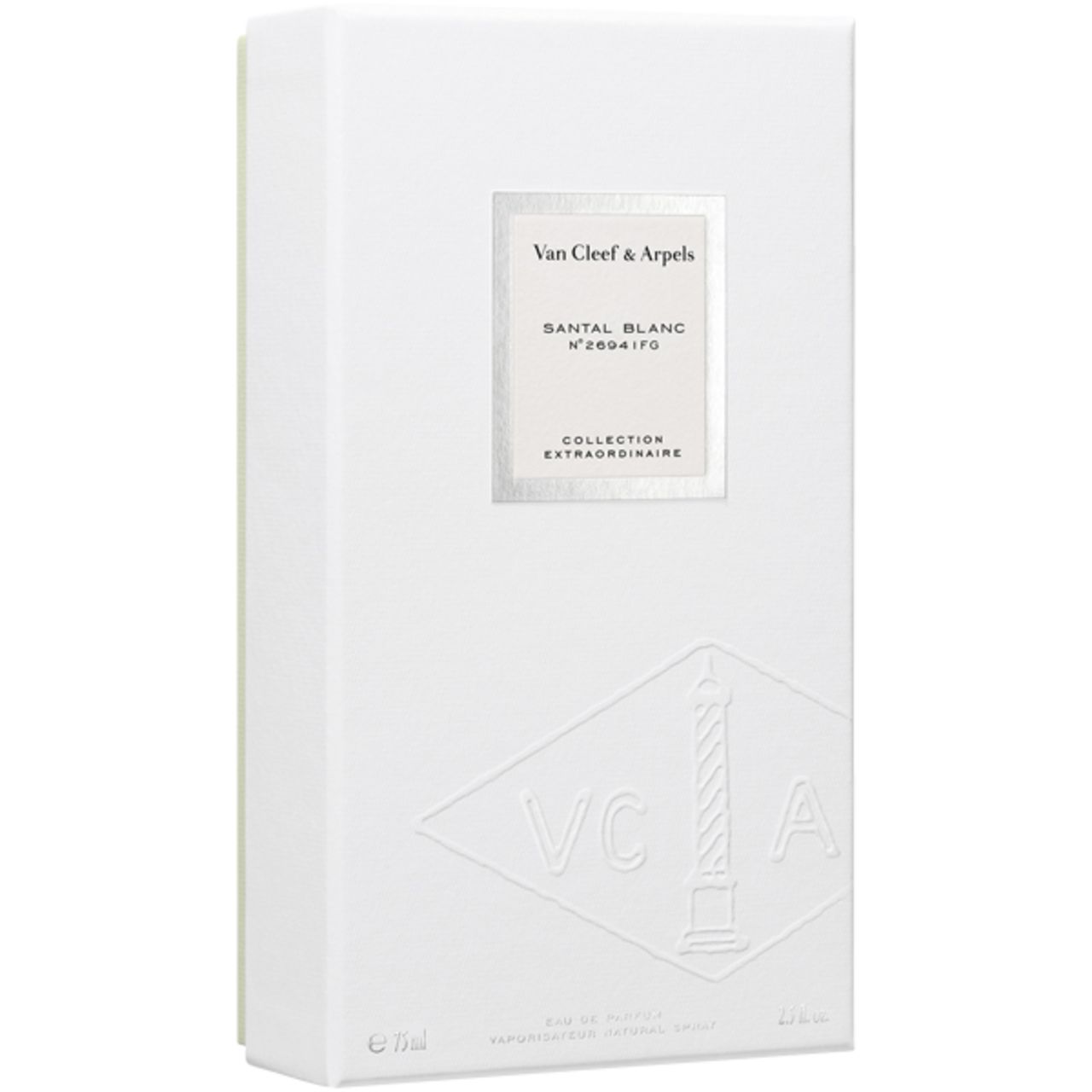 Confezione bianca con logo e scritta: Van Cleef & Arpels, Santal Blanc, Collection Extraordinaire. Flacone non visibile.