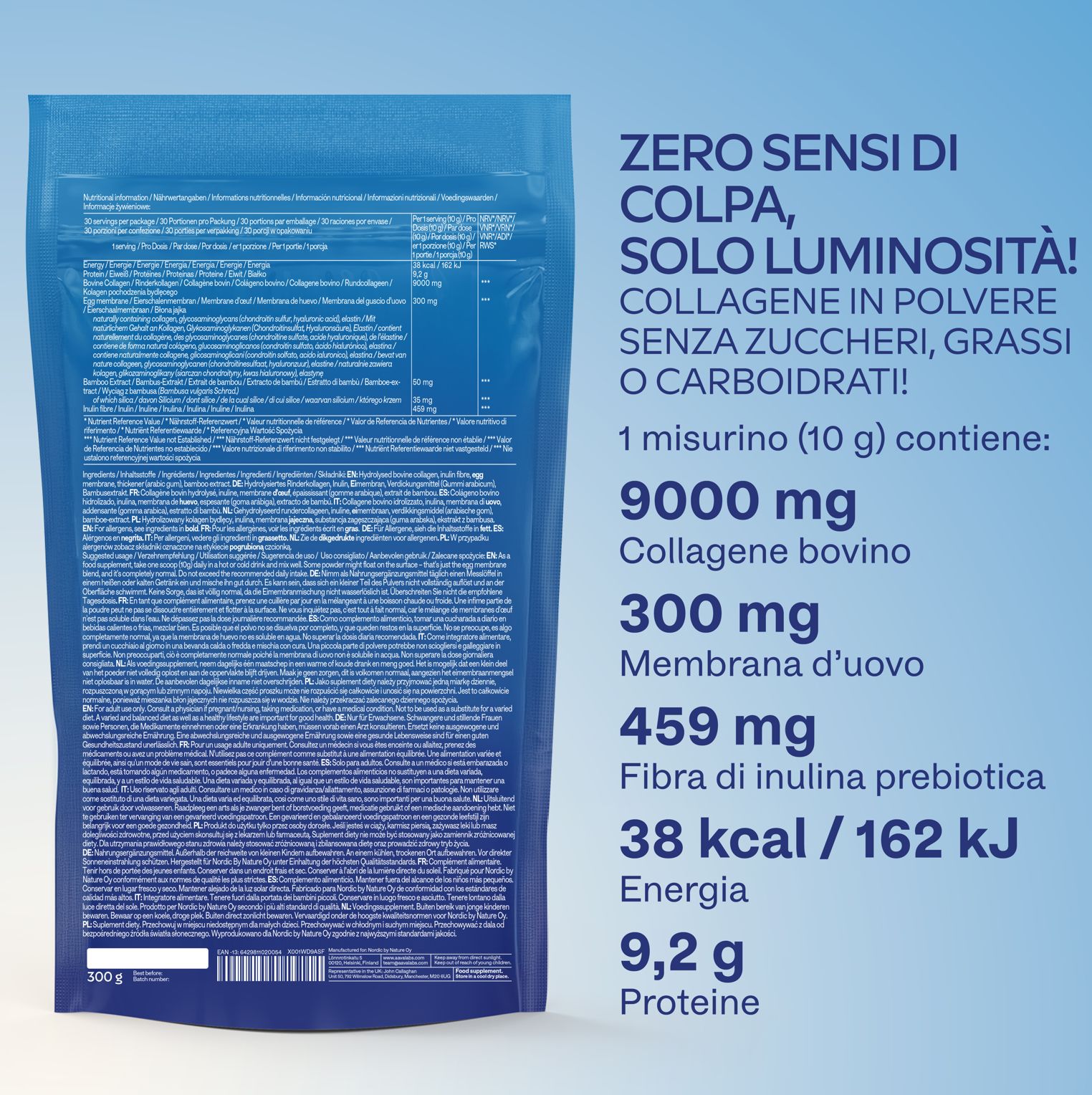 Retro della busta blu. Testo: Zero sensi di colpa, solo luminosità! 9000 mg Collagene bovino, 300 mg Membrana d'uovo.