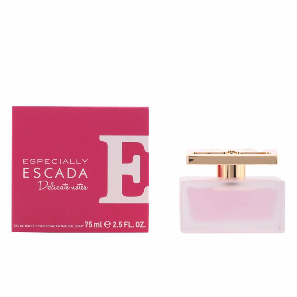 Flacone rosa con tappo dorato e confezione rosa. Scritta: ESCADA, Especially Delicate notes. 75 ml.