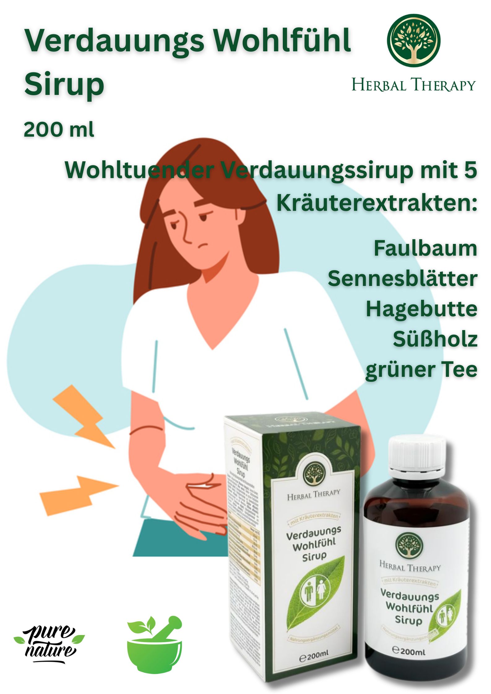Immagine pubblicitaria con donna, bottiglia e confezione. Scritta: Herbal Therapy Verdauungs Wohlfühl Sirup. Testo in tedesco.