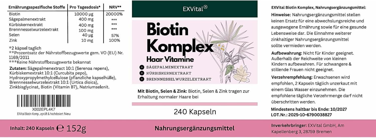 Etichetta del prodotto: Biotin Komplex Vitamine per capelli. Ingredienti: Estratto di palma nana, estratto di semi di zucca, estratto di radice di ortica. 240 capsule.