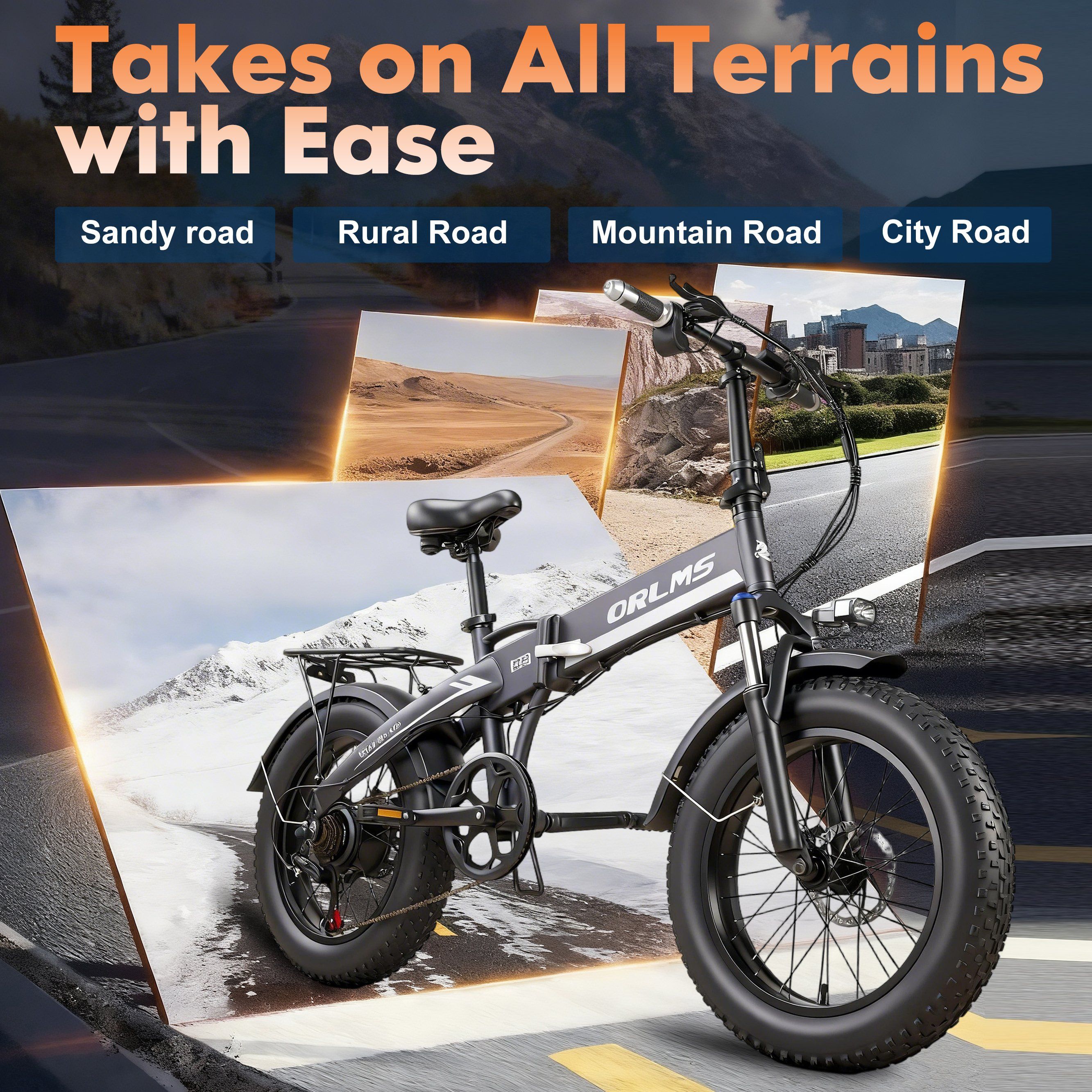 Bicicletta elettrica pieghevole nera su strade diverse. Logo ORLMS. Testo: Takes on All Terrains with Ease.