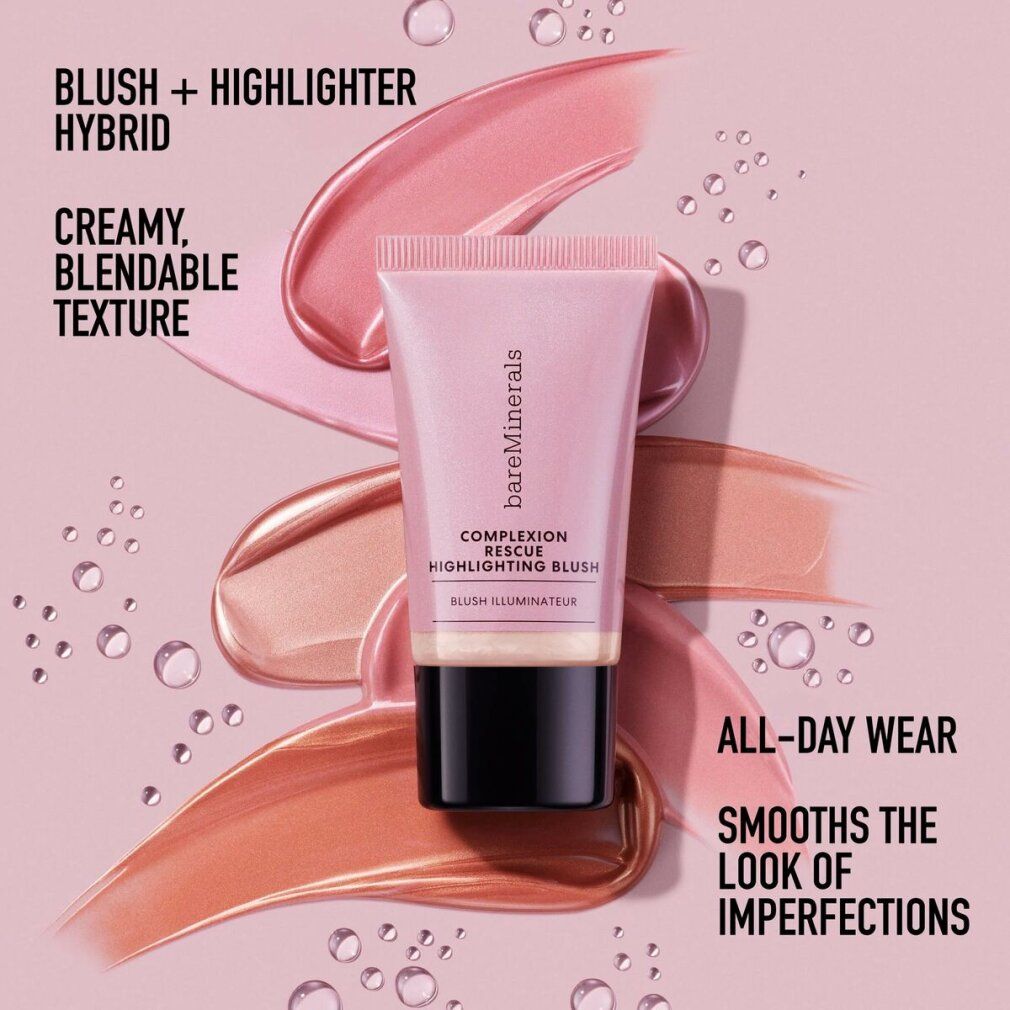 Tubo rosa con campioni di prodotto e testo. Scritta: bareMinerals, COMPLEXION RESCUE, HIGHLIGHTING BLUSH, BLUSH ILLUMINATEUR. Testo: Ibrido, texture.