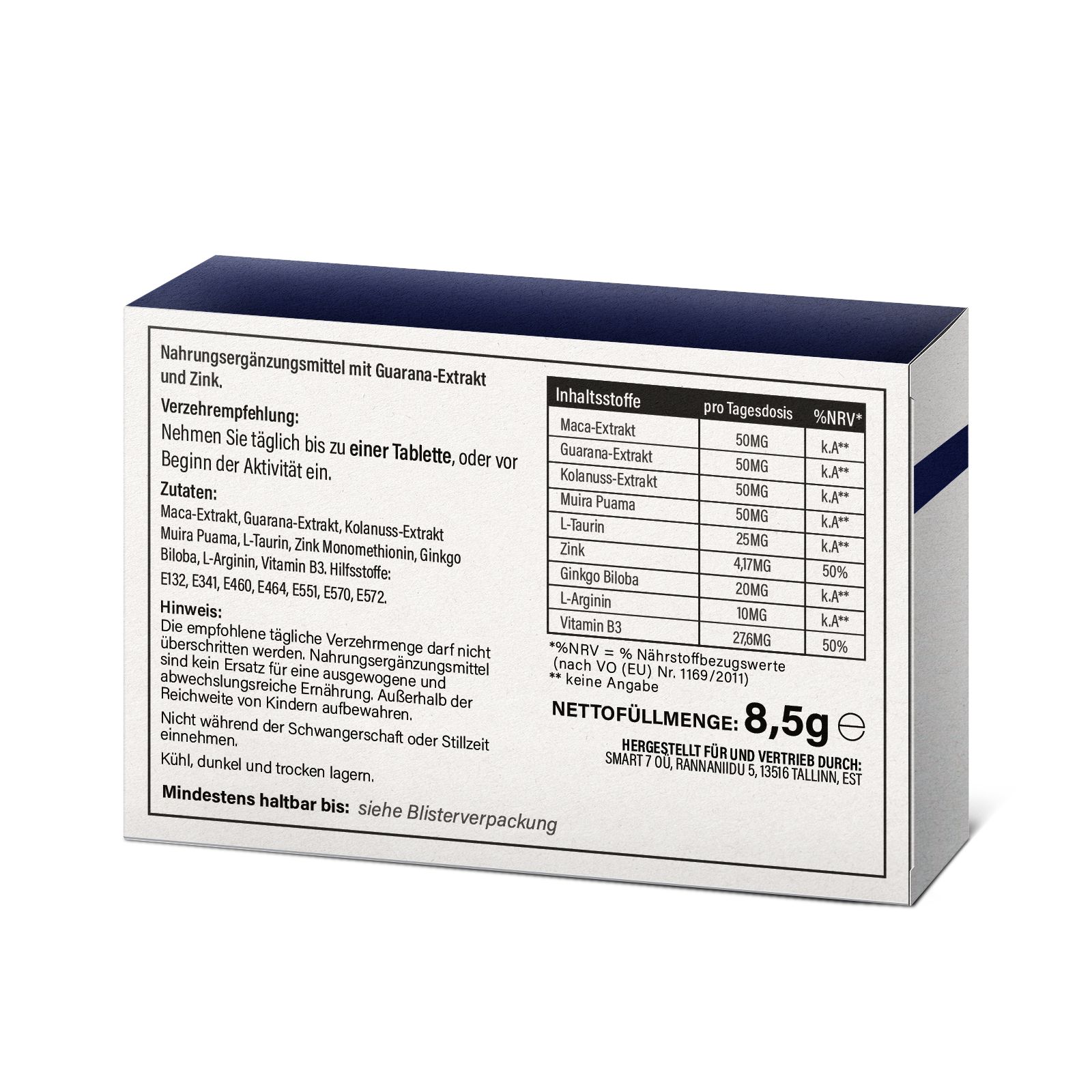 Retro della scatola con ingredienti e informazioni nutrizionali. Testo in tedesco. Peso netto: 8,5g.