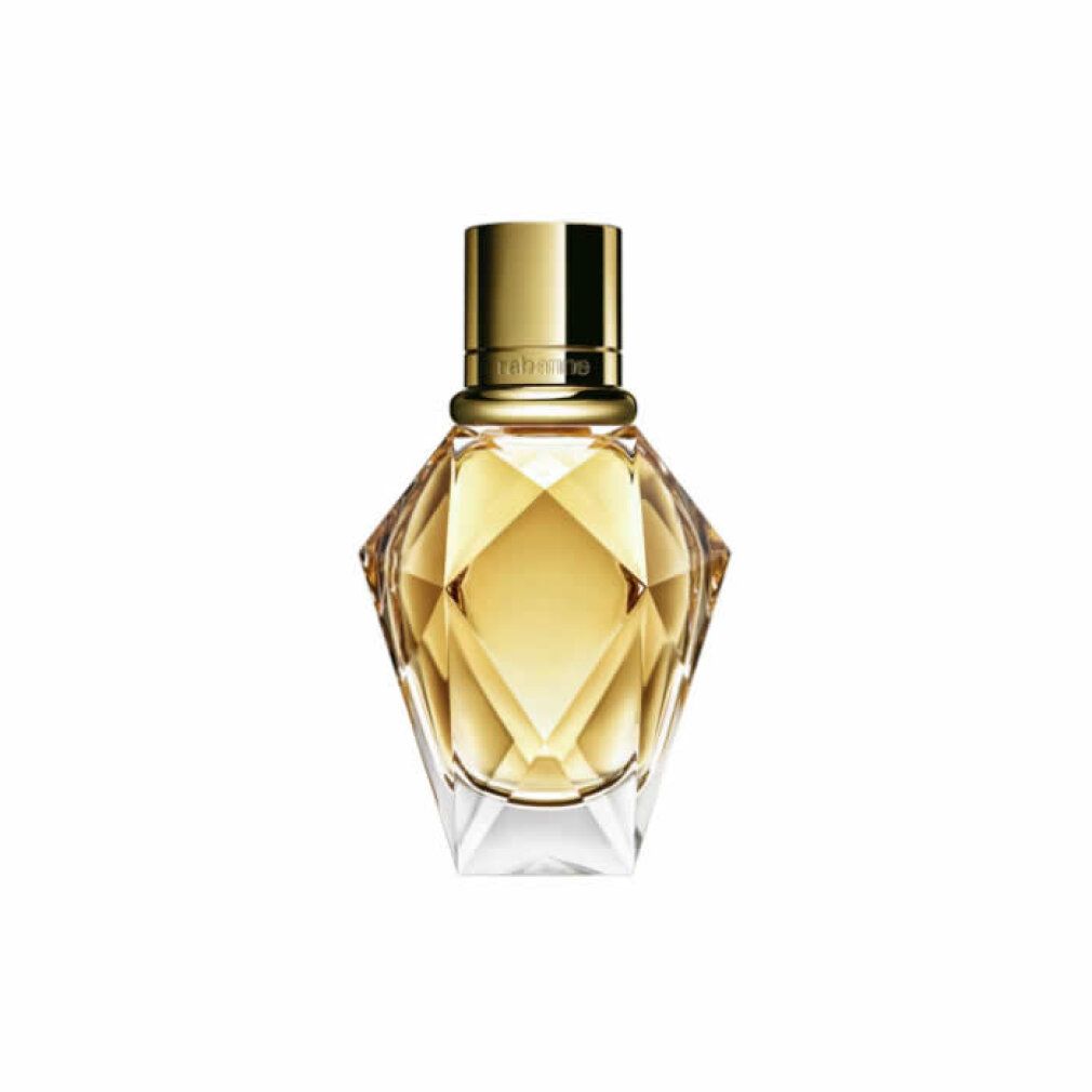 Flacone dorato con tappo dorato. Forma geometrica. Scritta: Rabanne.