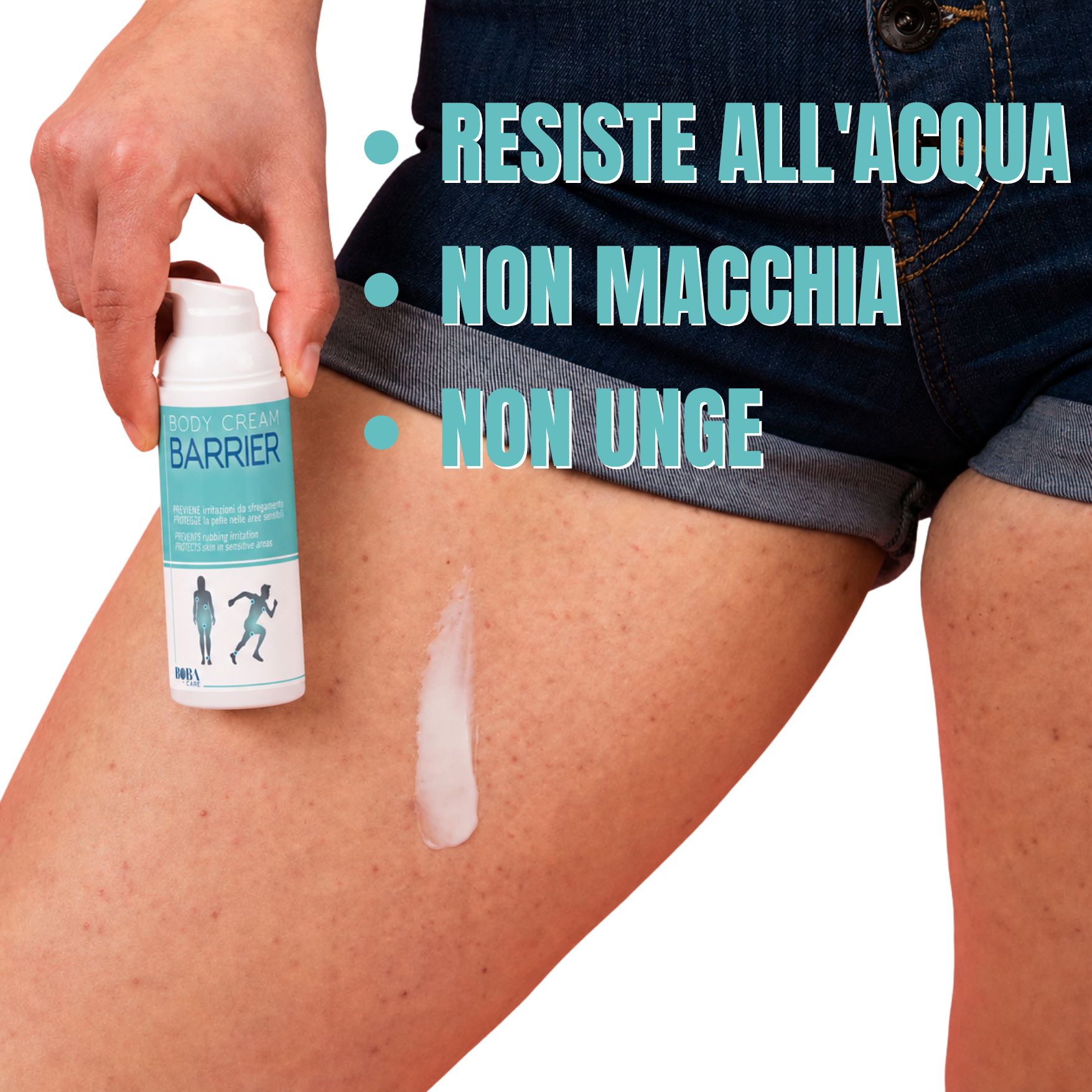 Applicazione della crema anti-sfregamento BOBACARE sulla pelle; impermeabile, non unge.