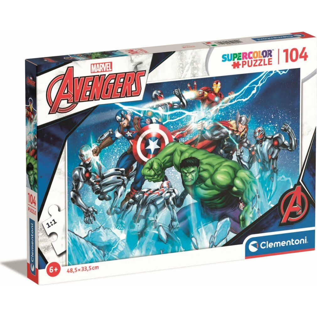Clementoni Puzzle Marvel: Avengers, 104 pezzi. Scatola con motivo Avengers, consigliato per 6+.