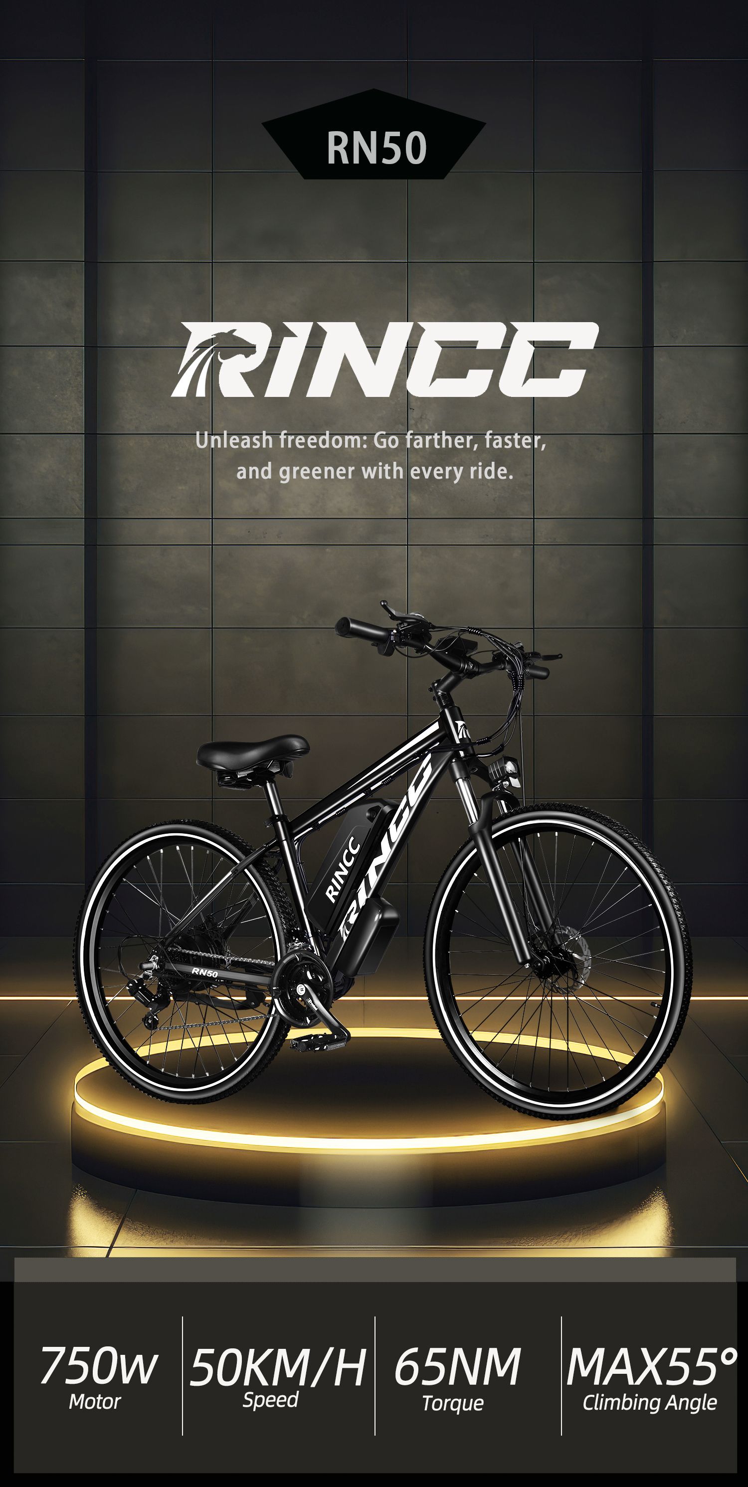 Immagine pubblicitaria per e-bike Rincc. Logo Rincc, specifiche tecniche: motore 750W, velocità 50KM/H.
