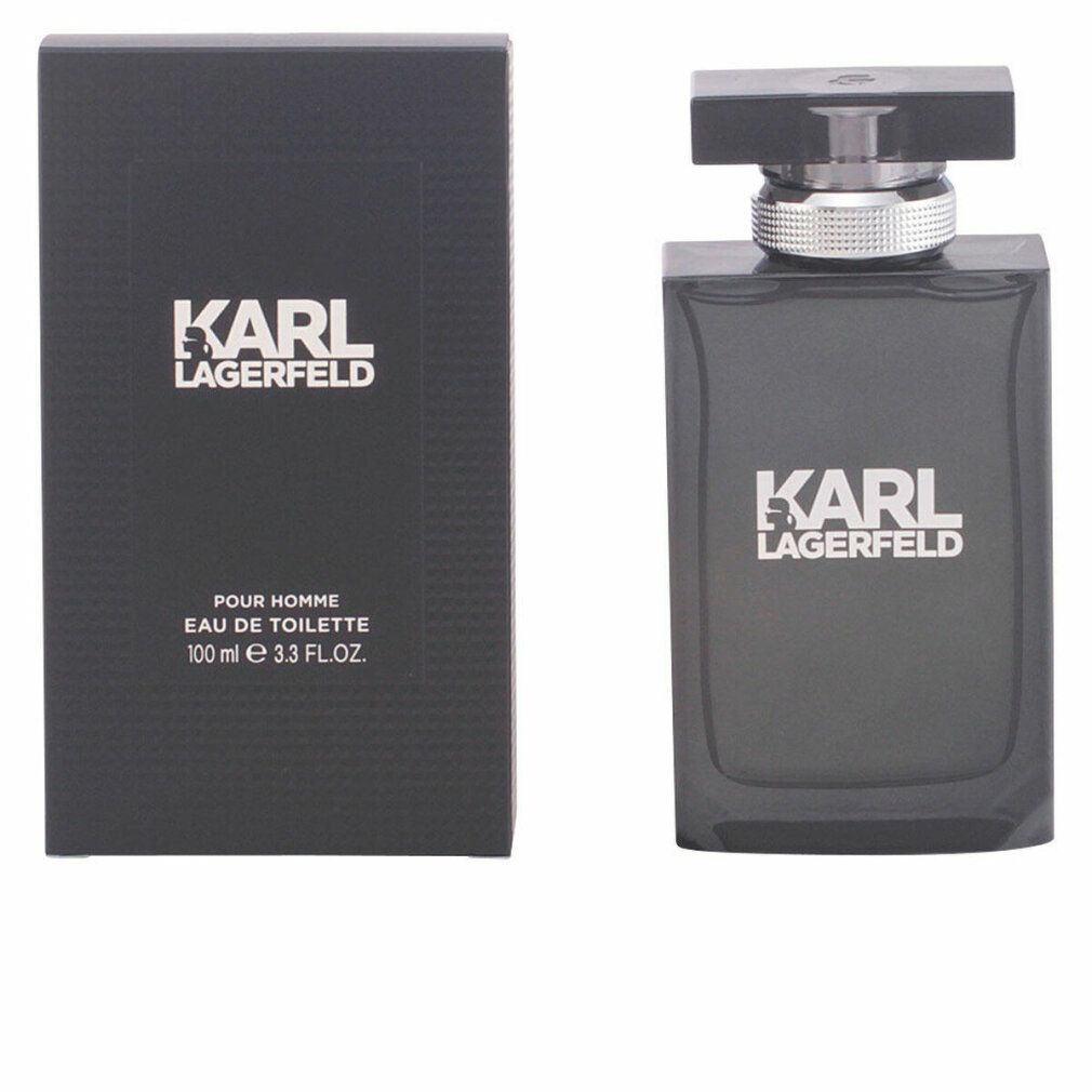 Flacone e scatola neri di Karl Lagerfeld Pour Homme Eau De Toilette. Flacone con tappo argentato.