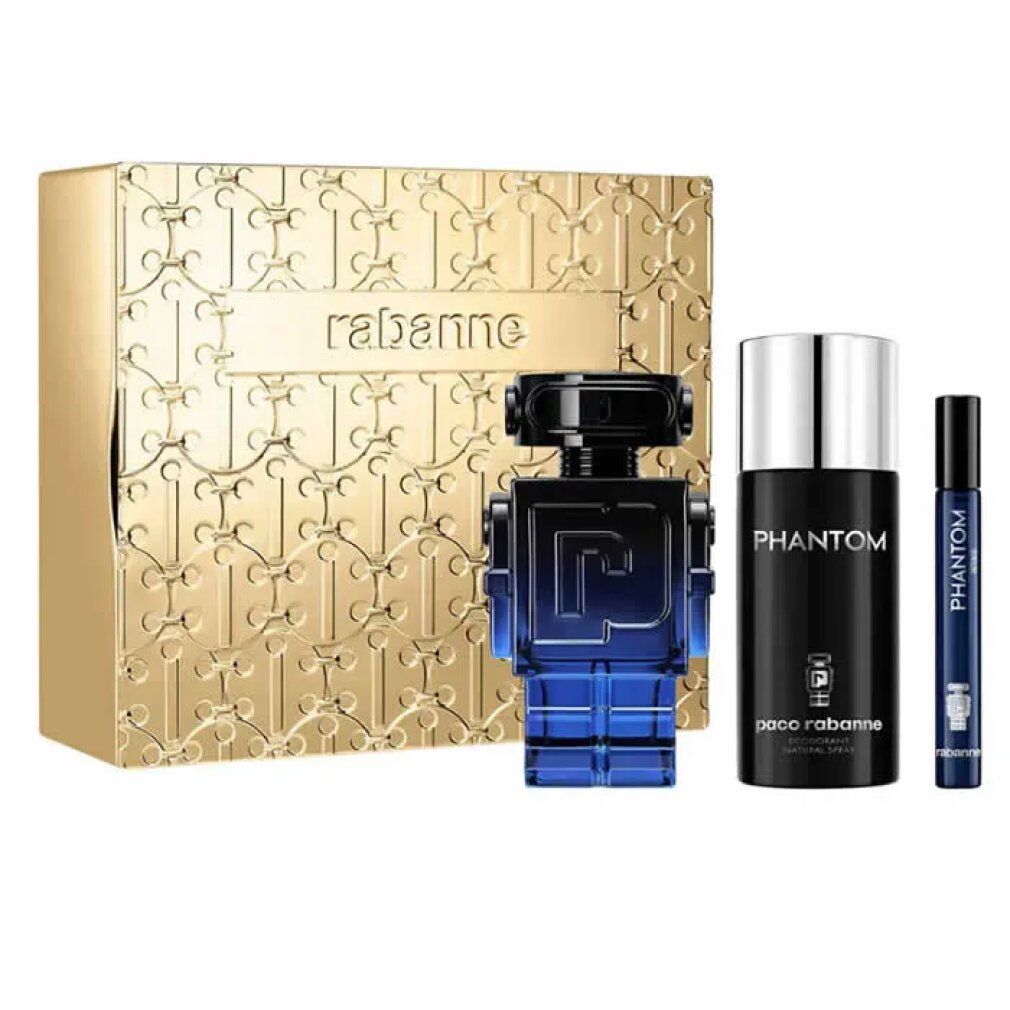 Cofanetto regalo con scatola dorata, flacone, deodorante e roll-on. Flacone a forma di robot, blu. Deodorante e roll-on con scritta "Phantom".