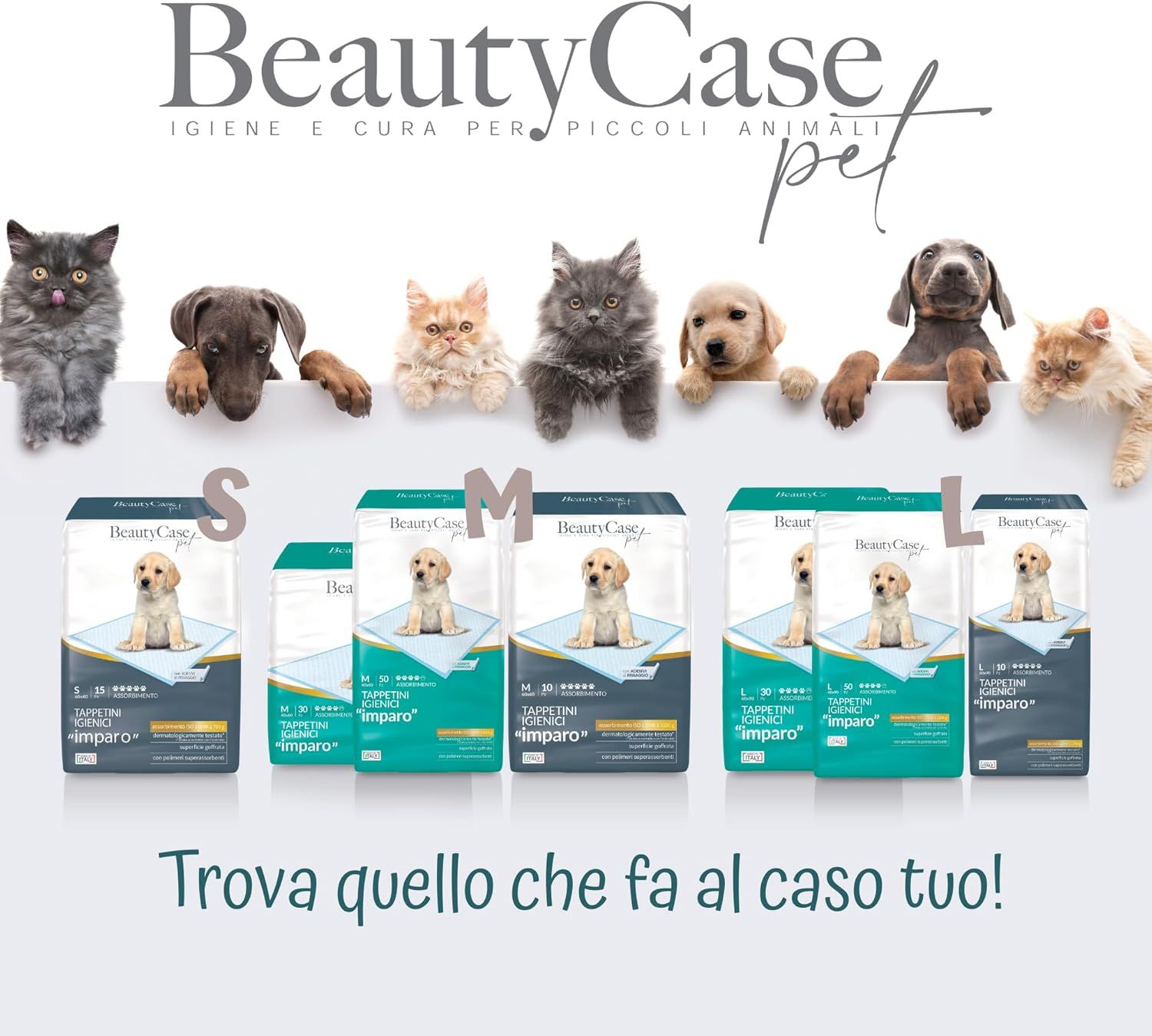 Tappetini igienici per animali domestici in diverse misure (S, M, L). Confezioni con nome del prodotto e immagine del cucciolo.