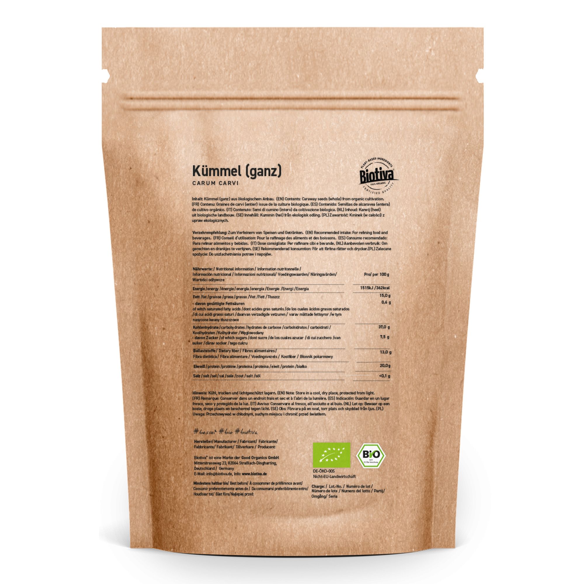 Sacchetto di carta marrone con informazioni sul prodotto. Stampa: Kümmel (intero), Biotiva, certificazione biologica.
