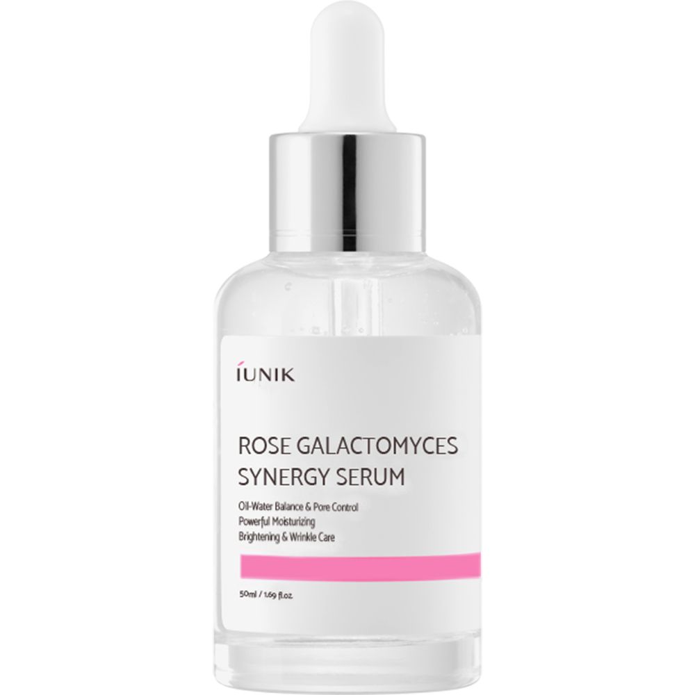 Flacone di vetro trasparente con pipetta. Scritta: ROSE GALACTOMYCES SYNERGY SERUM. Testo: Oil-Water Balance & Pore Control. 50ml/1.69 fl.oz.