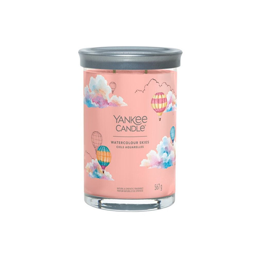 Grande vaso Yankee Candle, etichetta rosa, motivi nuvole e mongolfiere. Coperchio argentato. Testo: Watercolour Skies, 567g.