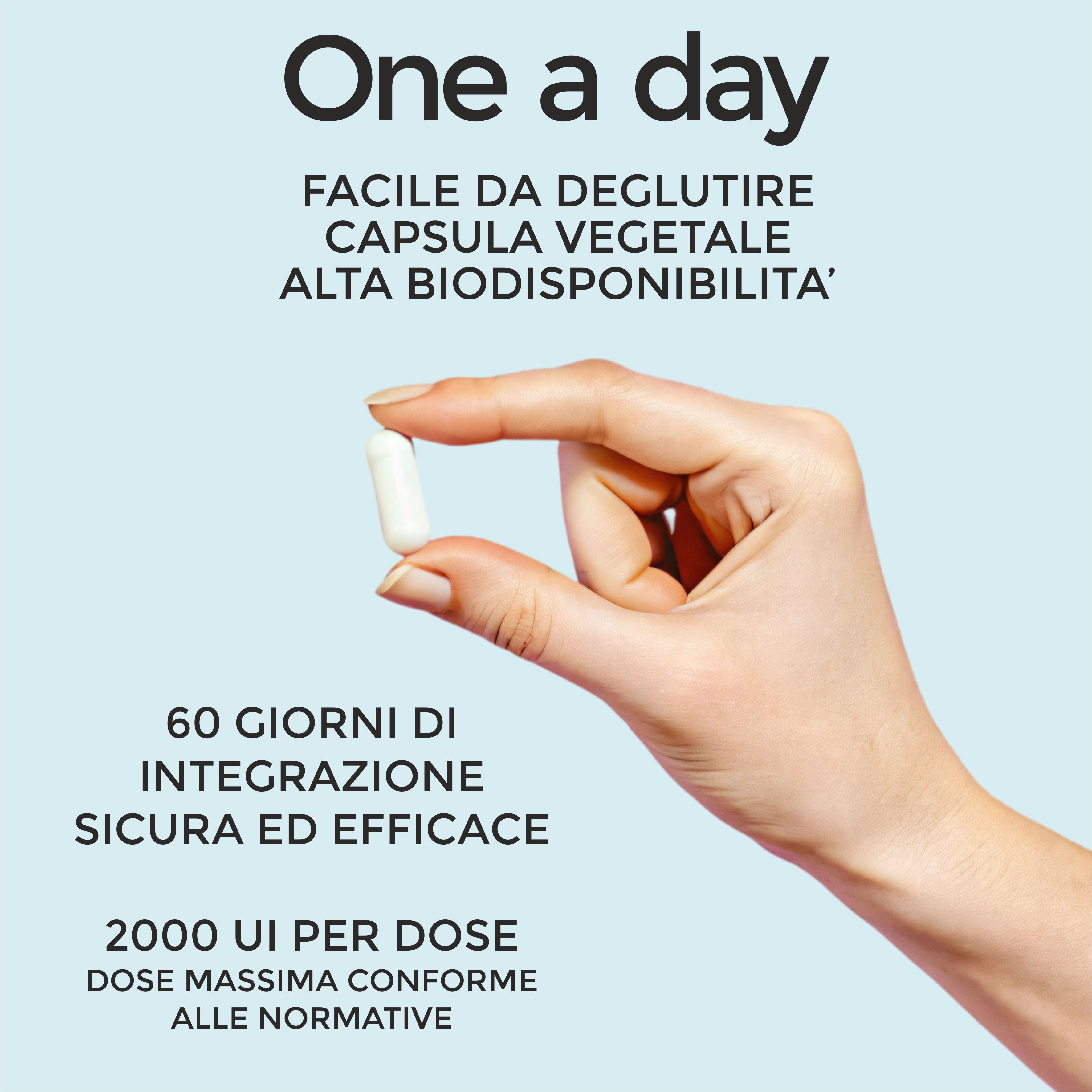 Mano che tiene una capsula bianca. Testo: One a day, facile da deglutire, capsula vegetale, alta biodisponibilità.