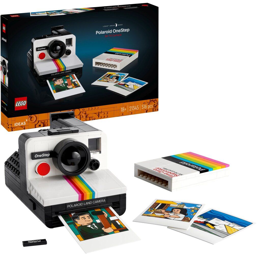 LEGO Ideas Fotocamera Polaroid OneStep. Bianca, nera, rossa. Con foto e accessori. 516 pezzi.