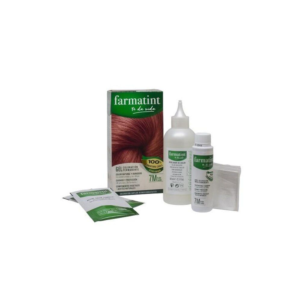 Kit tinta per capelli Farmatint con scatola, flacone applicatore, flacone sviluppatore e bustine.