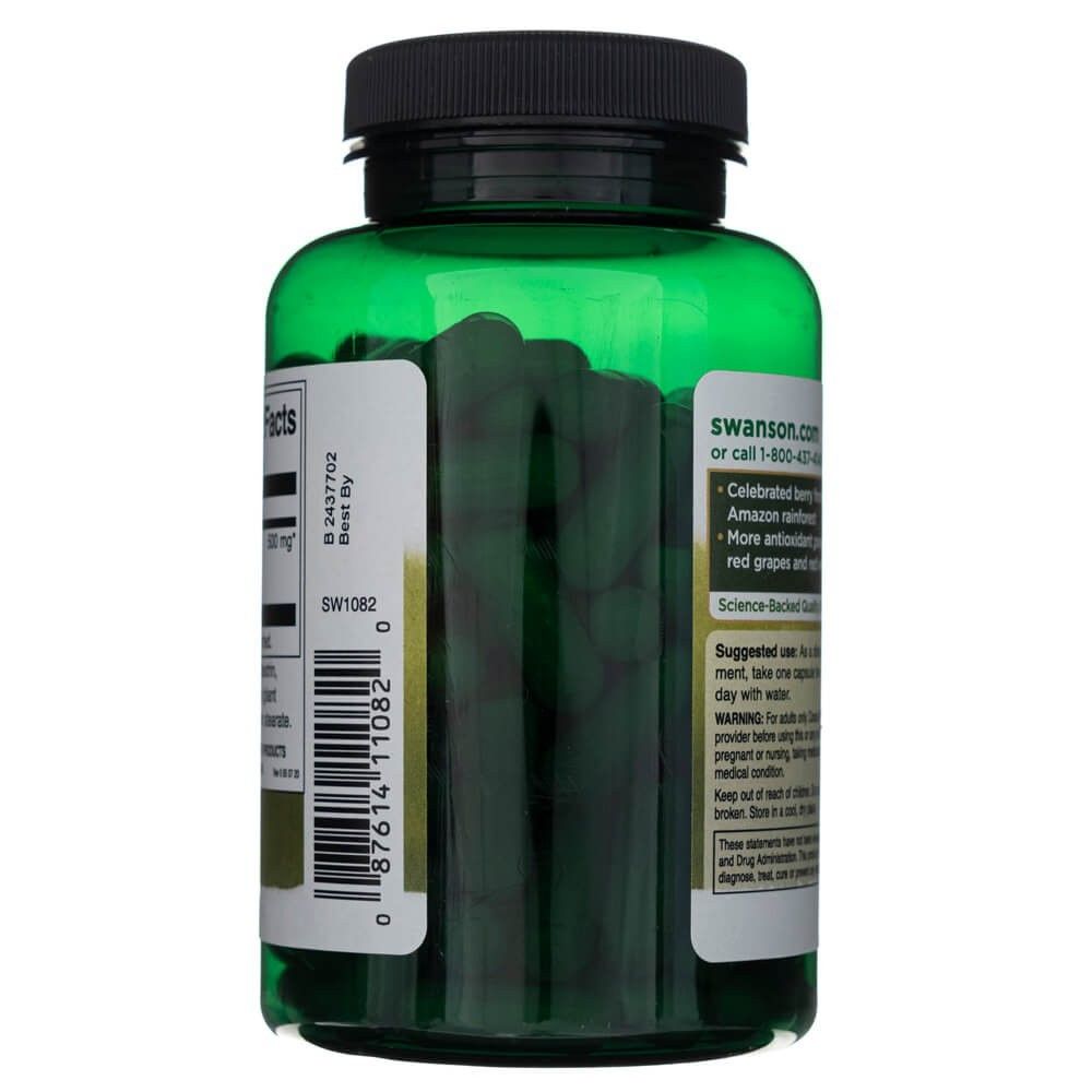 Vista laterale di un flacone verde con capsule di bacche di Acai Swanson, 500 mg per capsula.