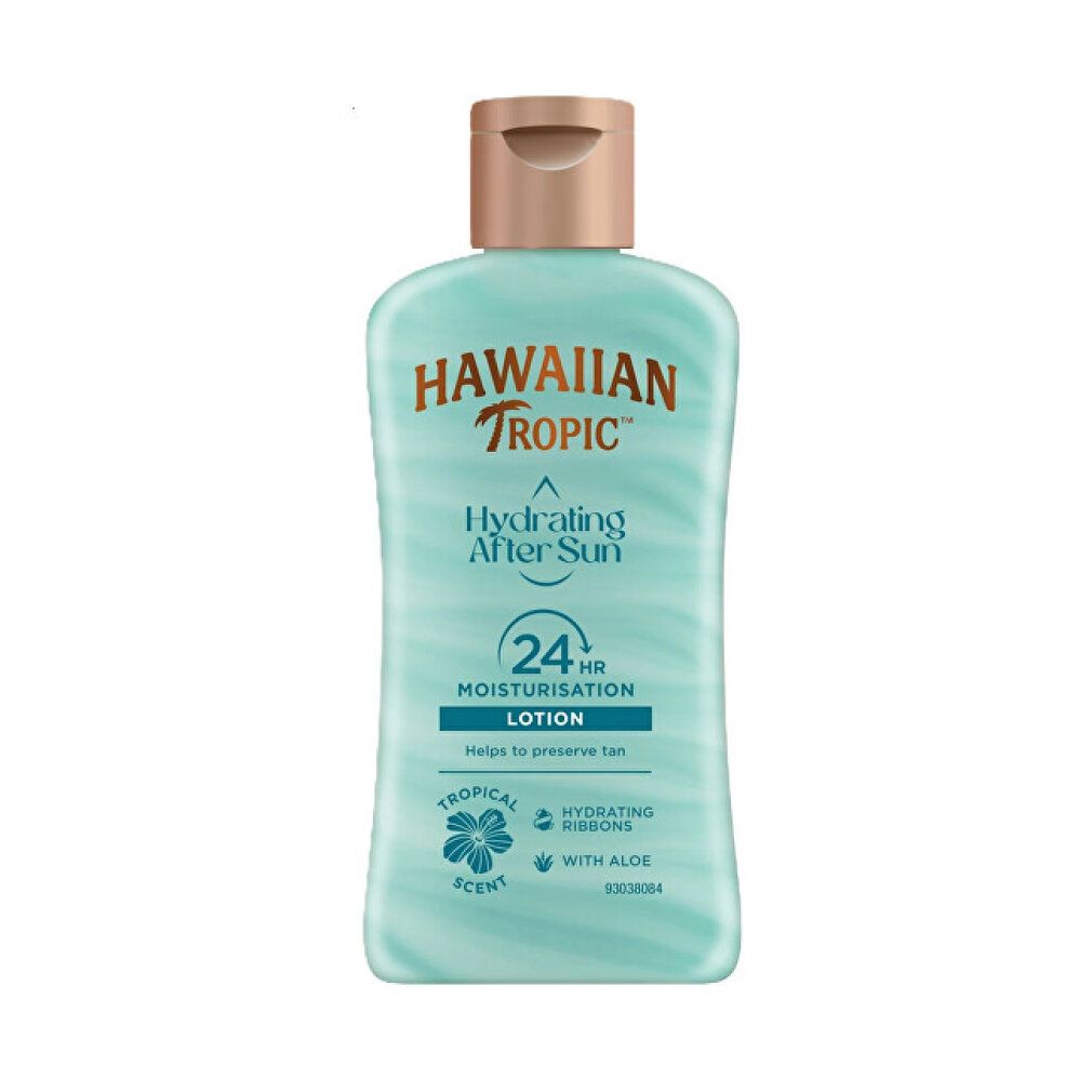 Flacone turchese con tappo dorato. Scritta: Hawaiian Tropic Hydrating After Sun. Con aloe.