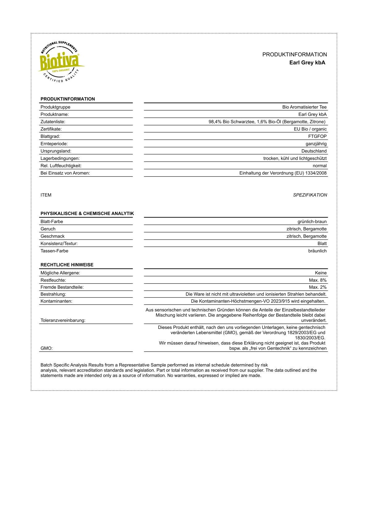 Informazioni sul prodotto in forma tabellare. Contiene informazioni sugli ingredienti, i risultati delle analisi e le certificazioni. Testo in tedesco.